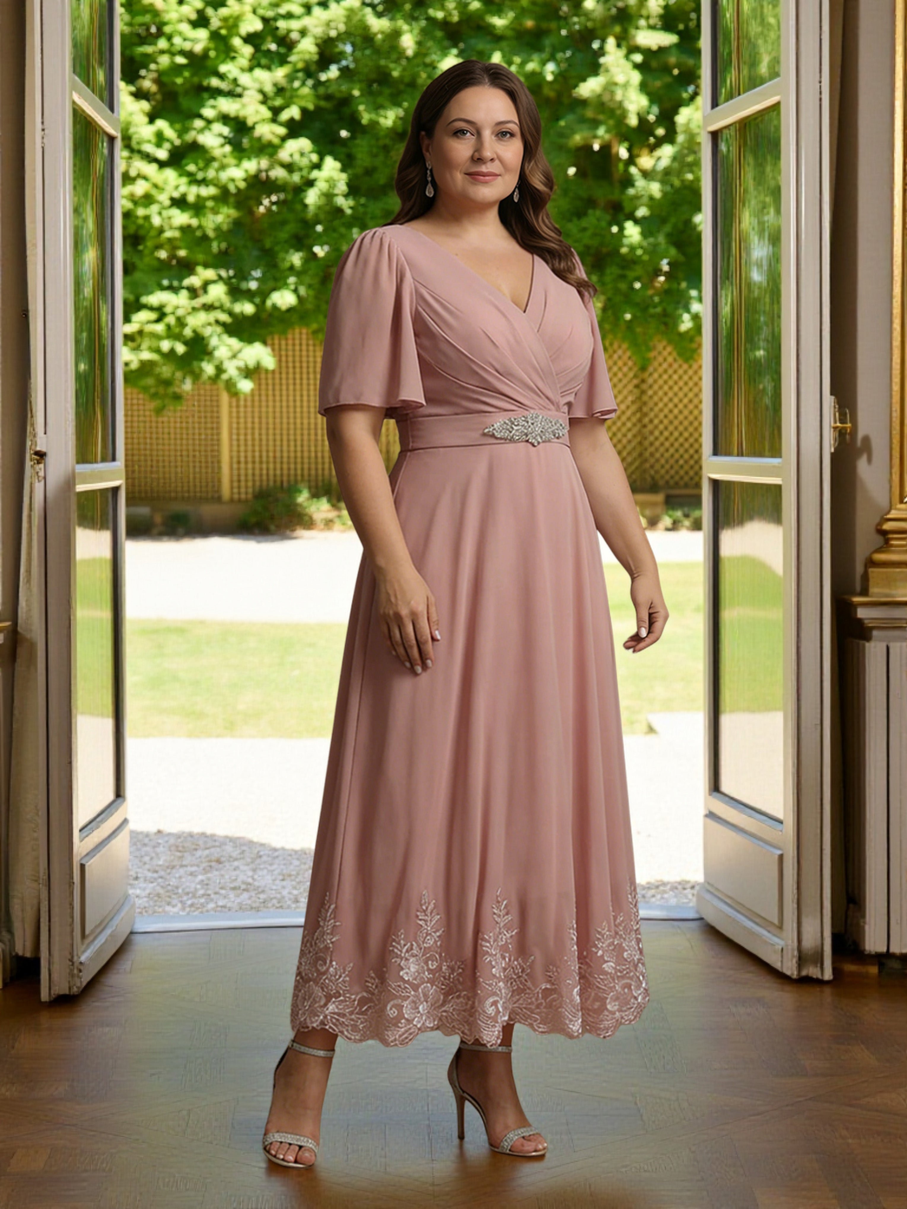 Cicinia Dusty Rose Plus Size Mother Of The Bride Dress Long Chiffon Lace A-line Tea Length