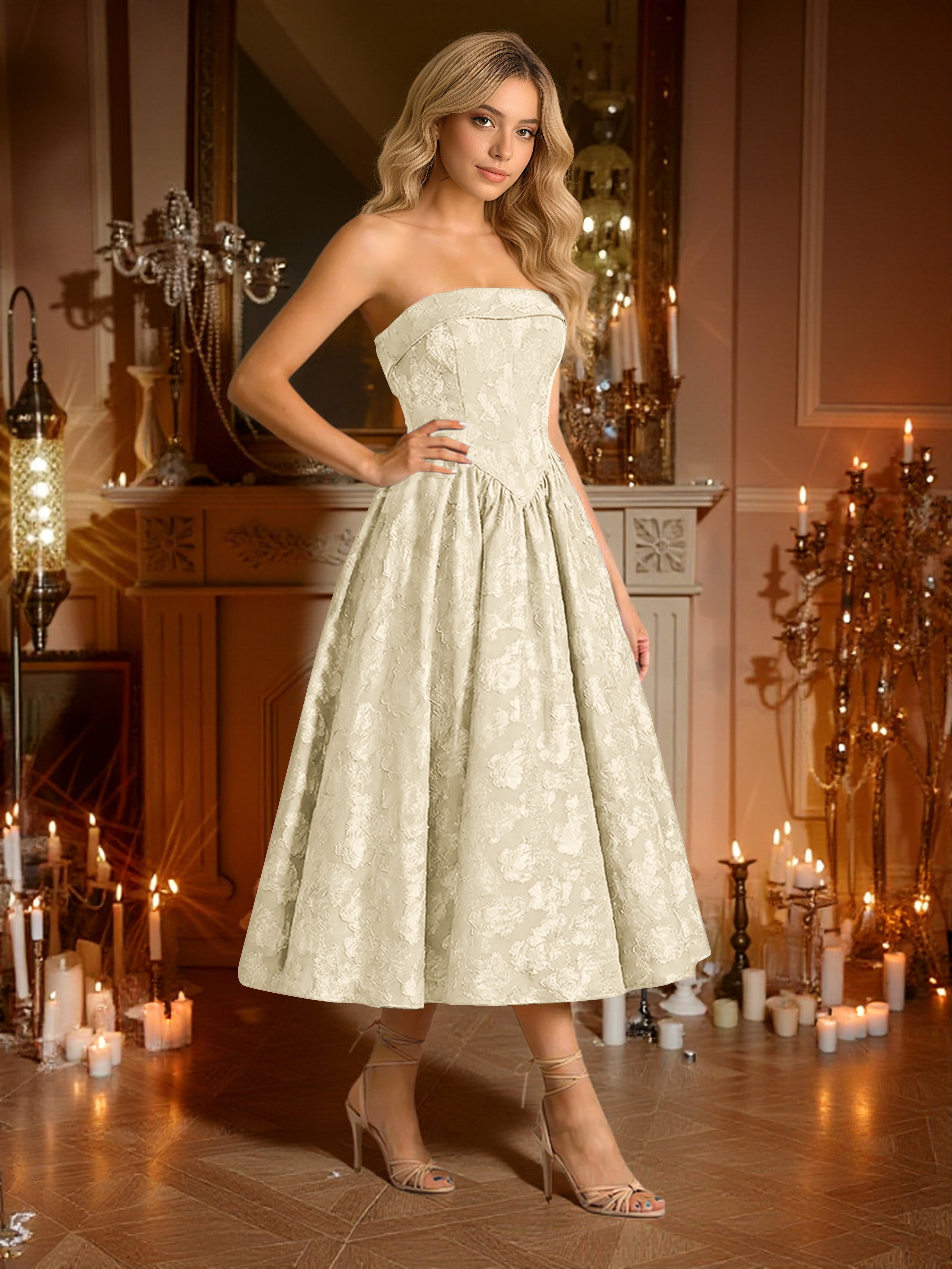 Cicinia Champagne Graduation Dresses Long Lace A-line Strapless Sleeveless Tea Length