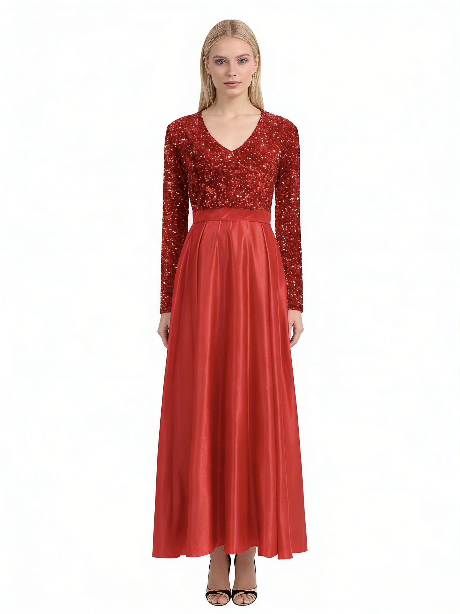 Cicinia Red Prom Dresses Long Sequins Satin A-line V-neck Long Sleeves Cicinia Red Prom Dresses Long Sequins Satin A-line V-neck Long Sleeves