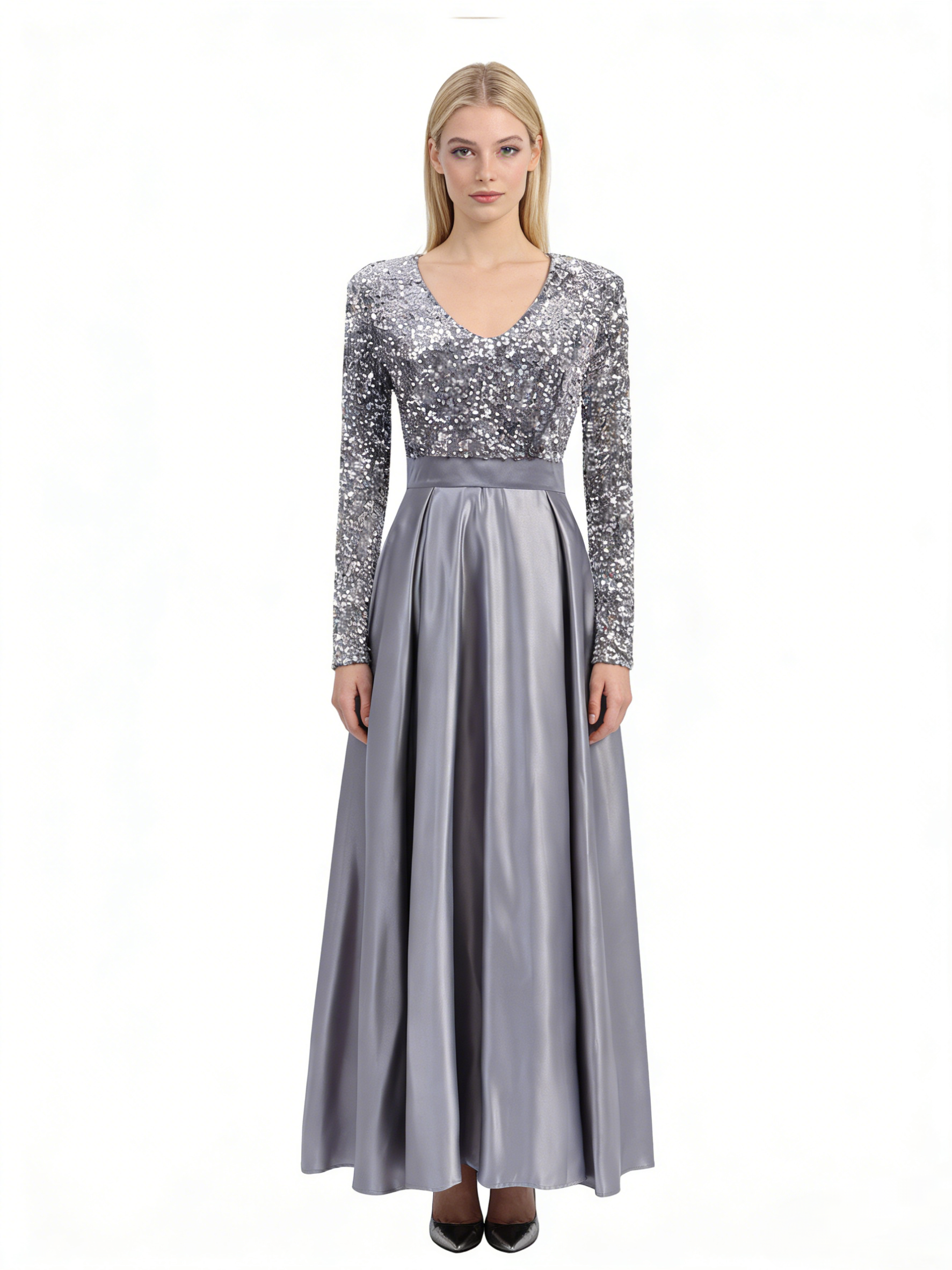 Cicinia Silver Prom Dresses Long Sequins Satin A-line V-neck Long Slee