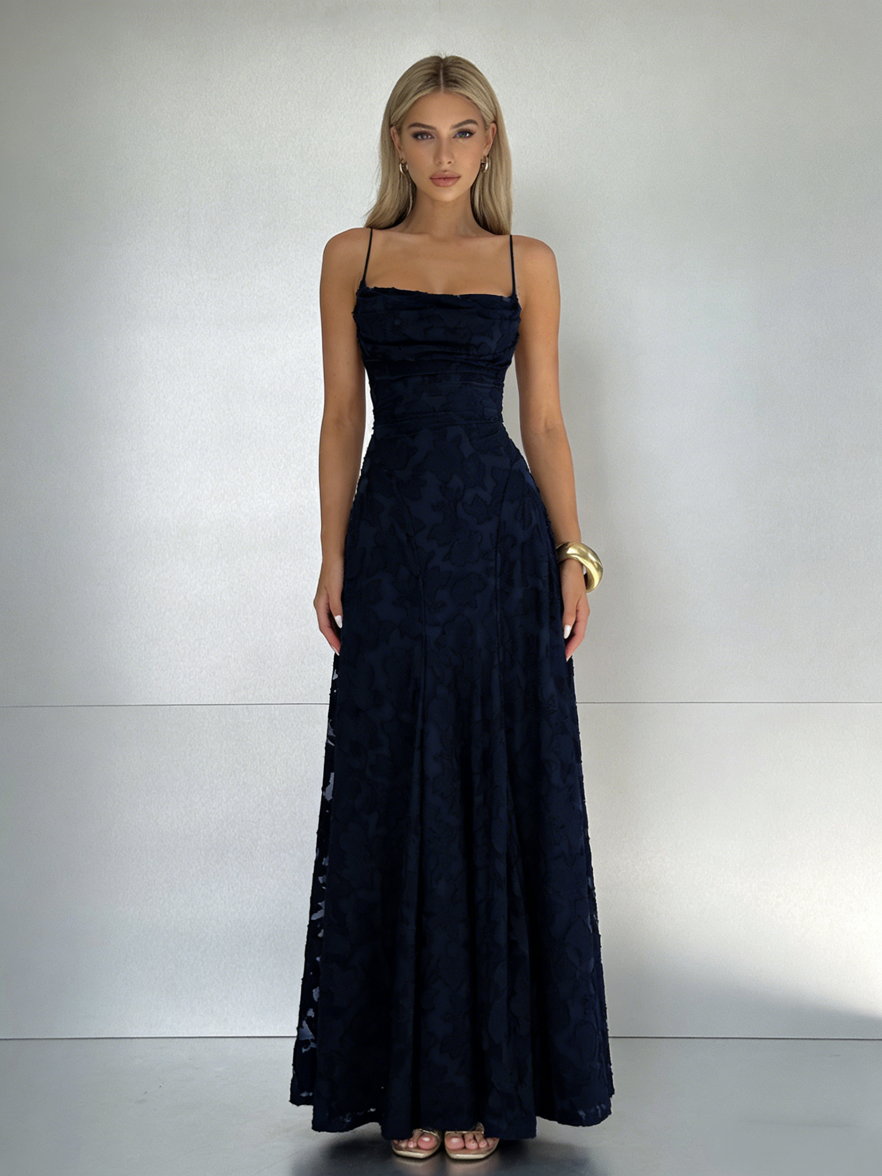 Cicinia Navy Blue Prom Dresses Long Lace A-line Spaghetti Straps Backl