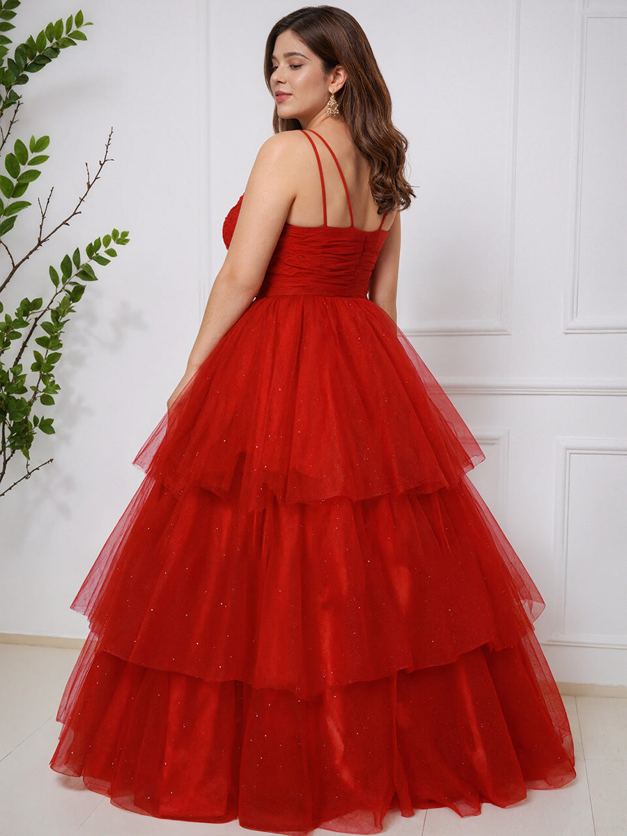 Spagetti Straps Layers Shiny Red Tulle Plus Sizes Princess Prom Dresses