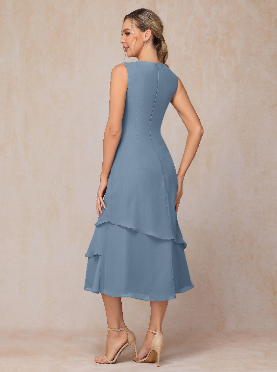 2 Pieces Tea Length Long Sleeves Chiffon Mother Of The Bride Dress