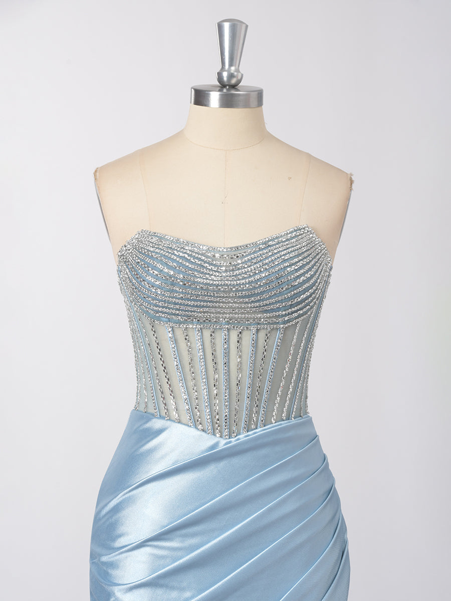 Cicinia Sky Blue Prom Dresses Online Long Stretch Satin Sheath Strapless Beaded Slit