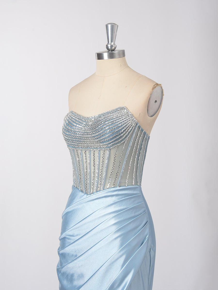Cicinia Sky Blue Prom Dresses Online Long Stretch Satin Sheath Strapless Beaded Slit