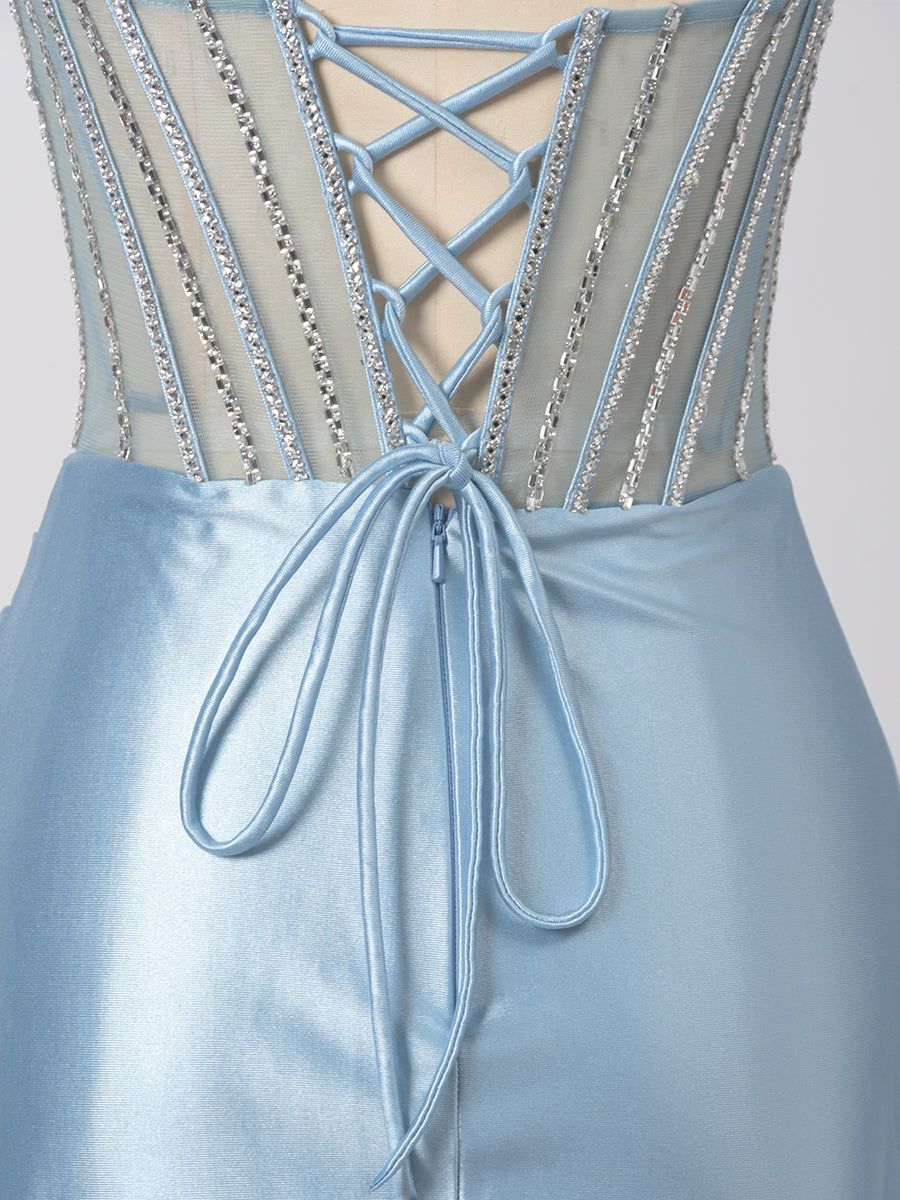 Cicinia Sky Blue Prom Dresses Online Long Stretch Satin Sheath Strapless Beaded Slit