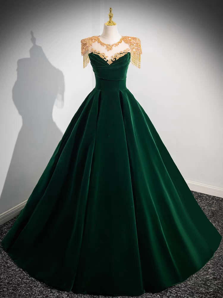 Dark Green Velvet Prom Dress Vintage Gold Beaded Neckline Evening Gown Dark Green Velvet Prom Dress Vintage Gold Beaded Neckline Evening Gown