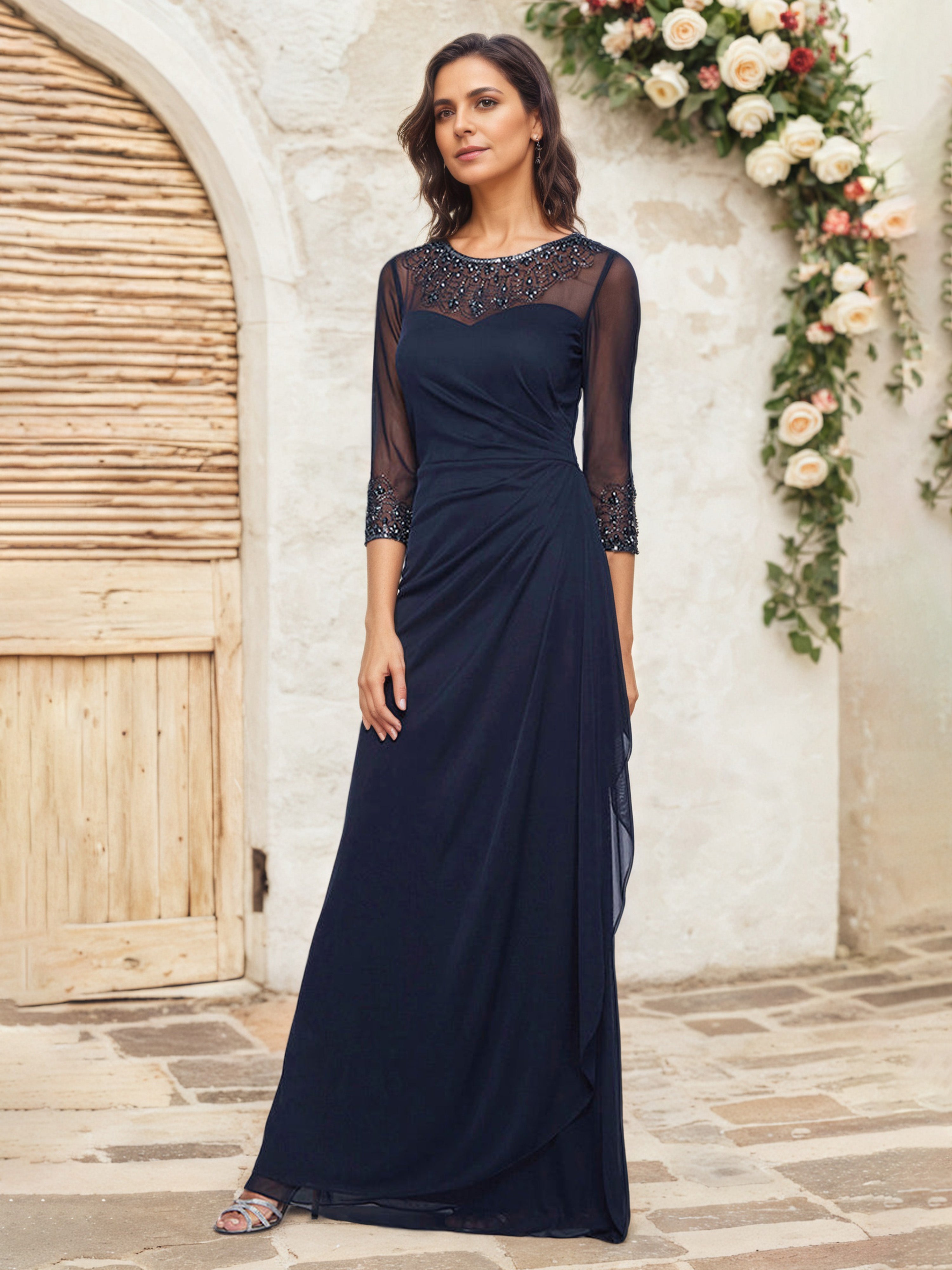 Dark Navy Mother Of The Bride Gown A Line Illusion Sleeves Beaded Moth Dark Navy Mother Of The Bride Gown A Line Illusion Sleeves Beaded Moth