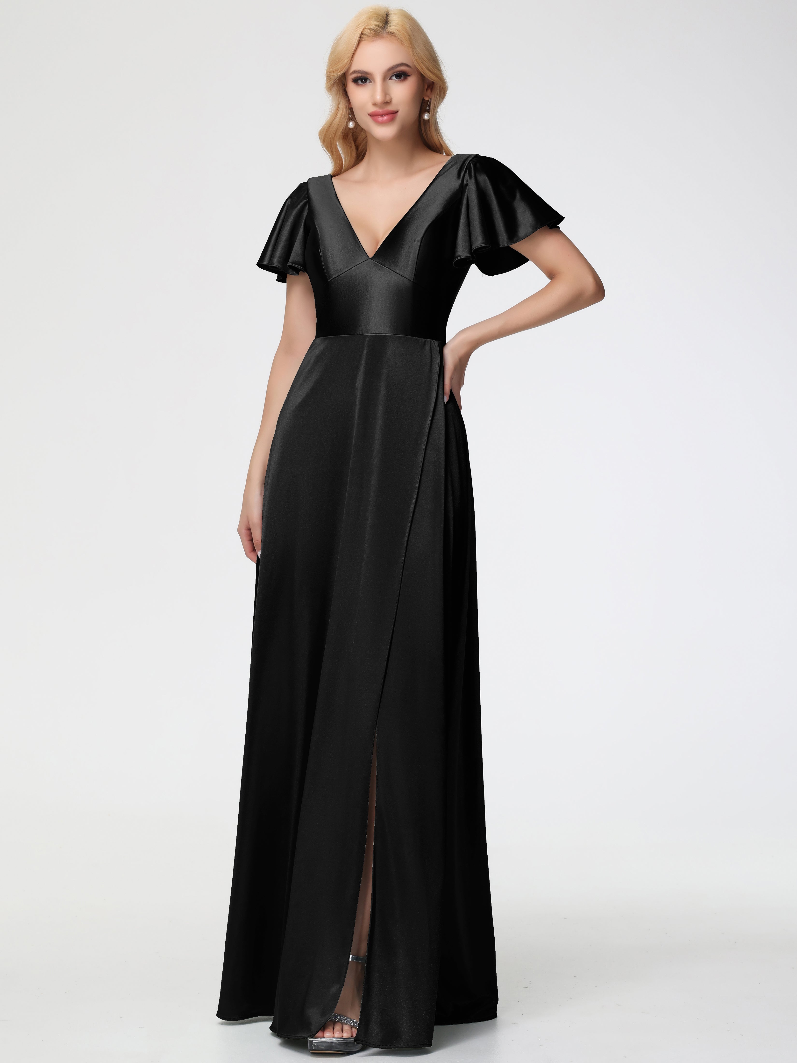 Black Stretch Satin Prom Dresses Deep V-Neck Short Sleeves Prom Dress With Split