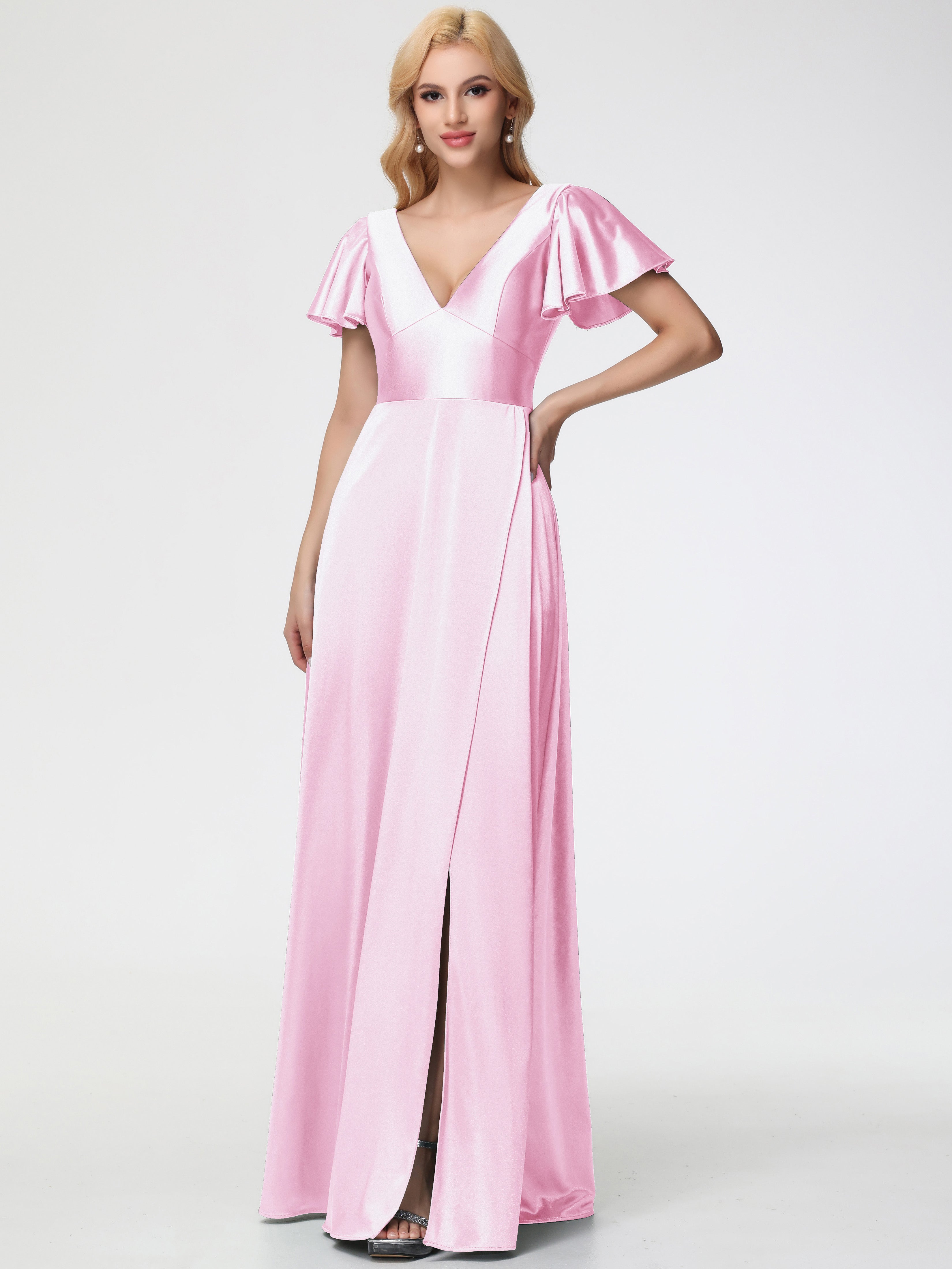 Bridesmaid Dresses Blush Pink Deep V-Neck Short Sleeves Stretch Satin Bridesmaid Dress With Split Bridesmaid Dresses Blush Pink Deep V-Neck Short Sleeves Stretch Satin Bridesmaid Dress With Split