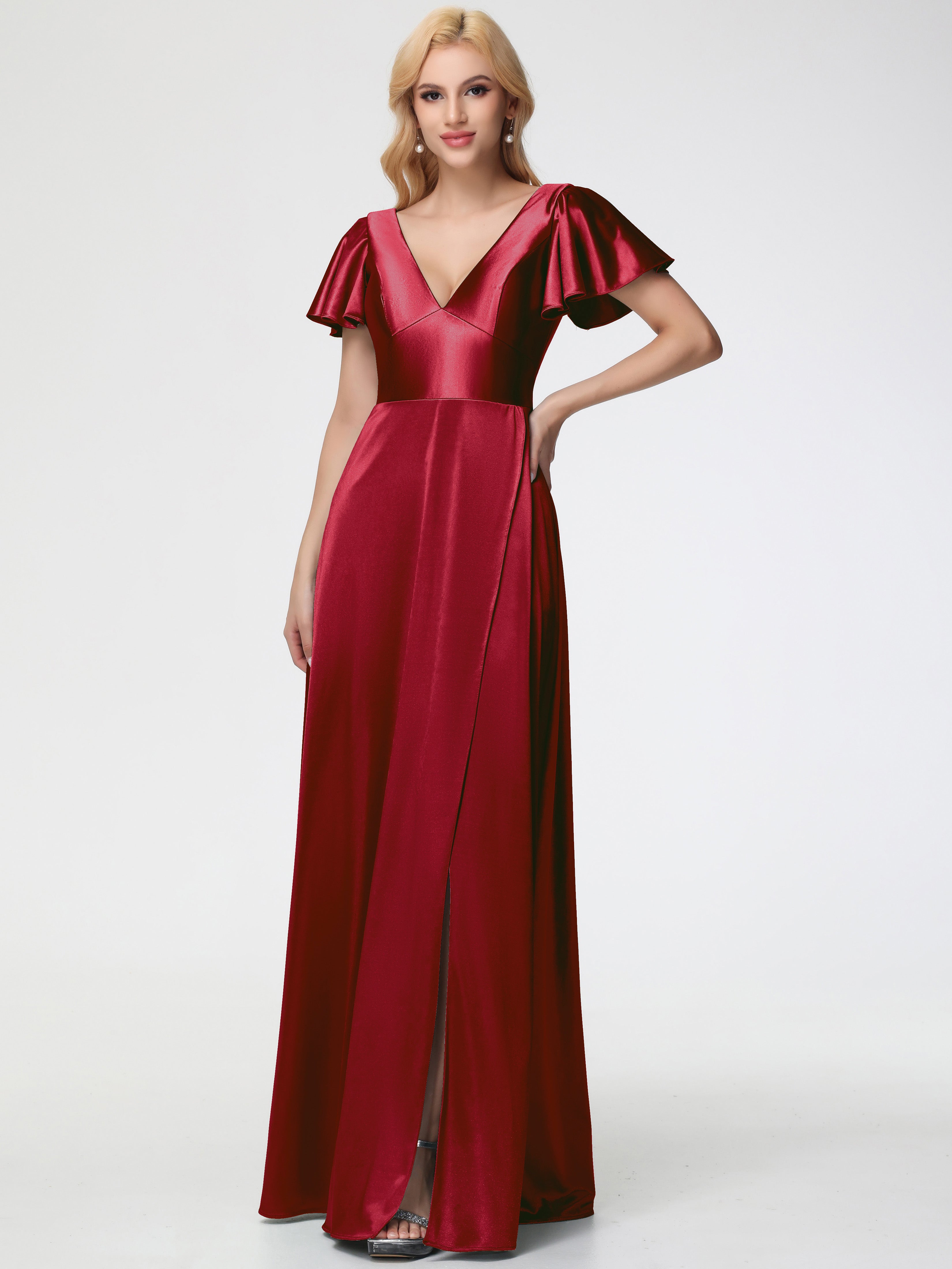 Burgundy Silk Bridesmaid Dresses Deep V-Neck Short Sleeves Stretch Sat Burgundy Silk Bridesmaid Dresses Deep V-Neck Short Sleeves Stretch Sat