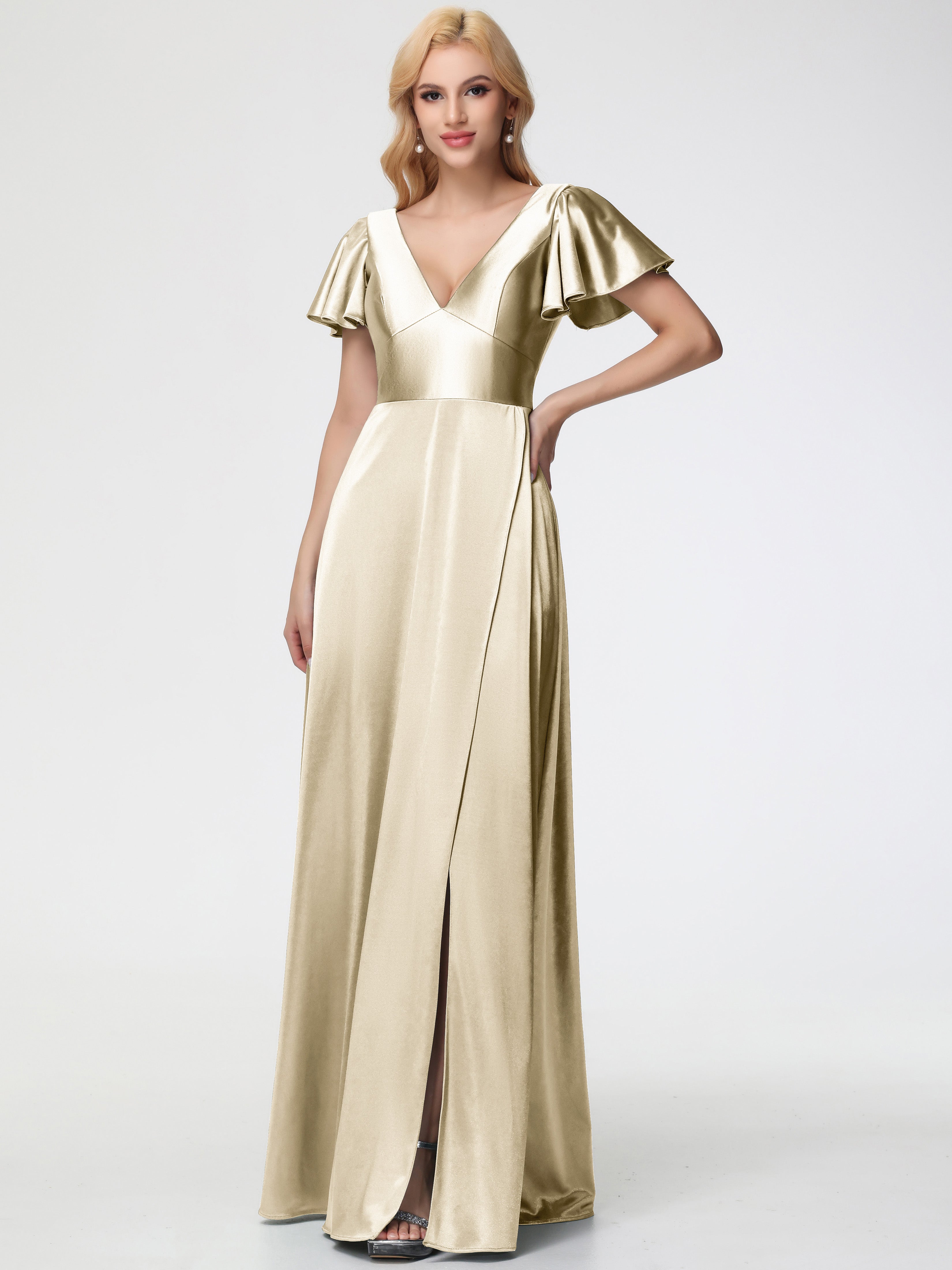 Champagne Gold Bridesmaid Dress Deep V-Neck Short Sleeves Stretch Sati Champagne Gold Bridesmaid Dress Deep V-Neck Short Sleeves Stretch Sati