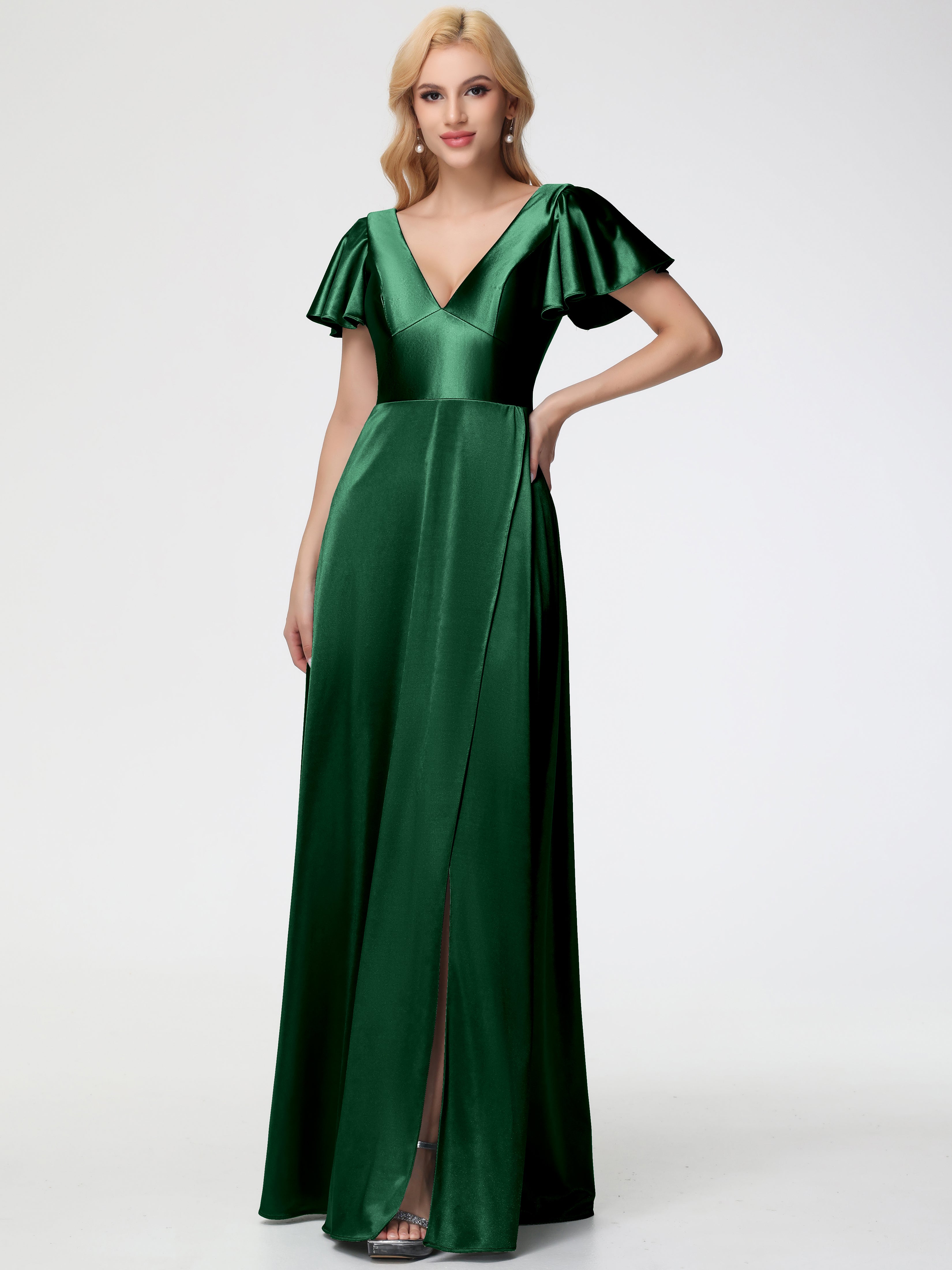 Formal Dresses Dark Green Deep V-Neck Short Sleeves Stretch Satin Form Formal Dresses Dark Green Deep V-Neck Short Sleeves Stretch Satin Form