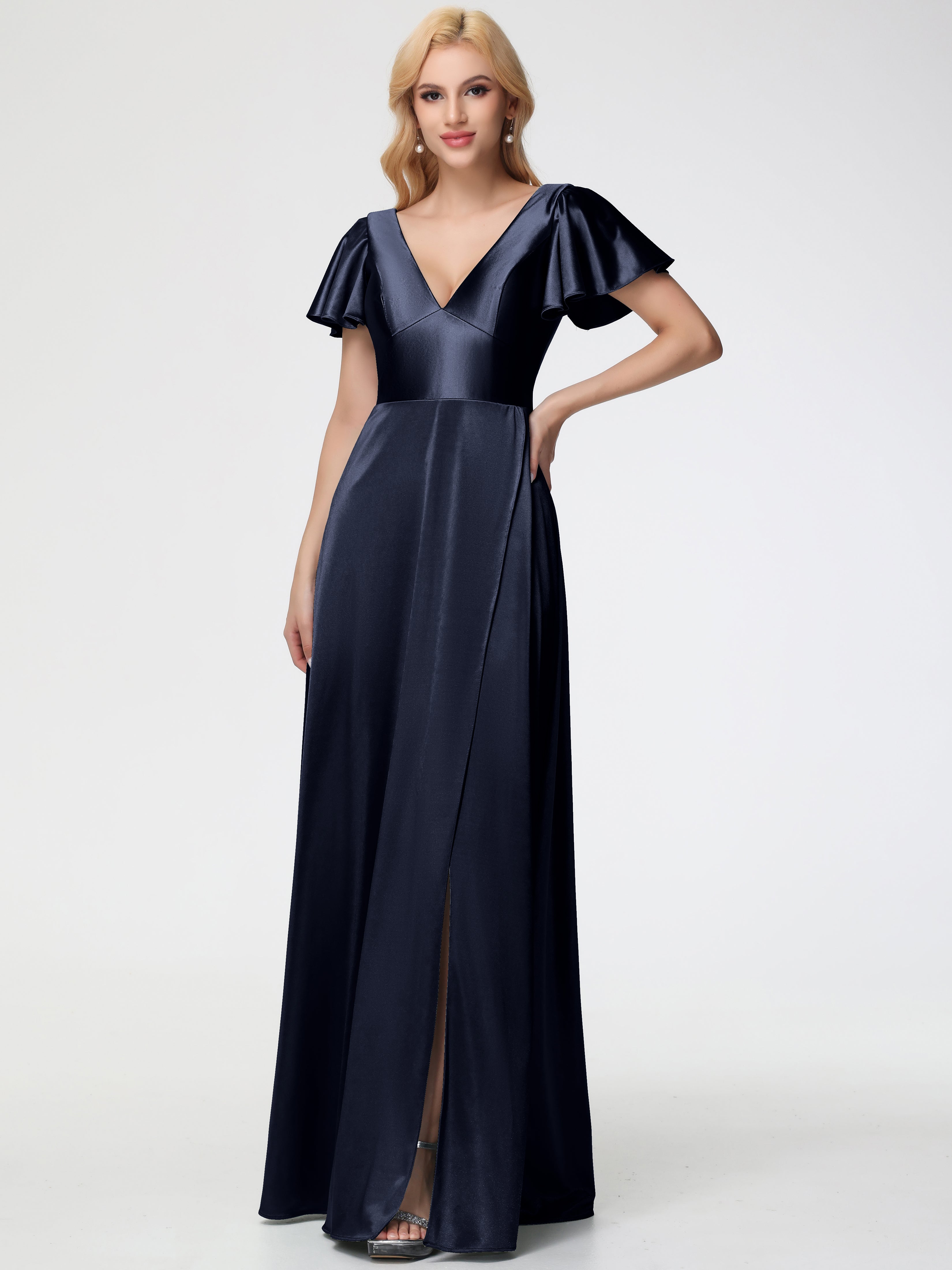 Dark Navy Blue Prom Dresses Deep V-Neck Short Sleeves Stretch Satin Pr Dark Navy Blue Prom Dresses Deep V-Neck Short Sleeves Stretch Satin Pr