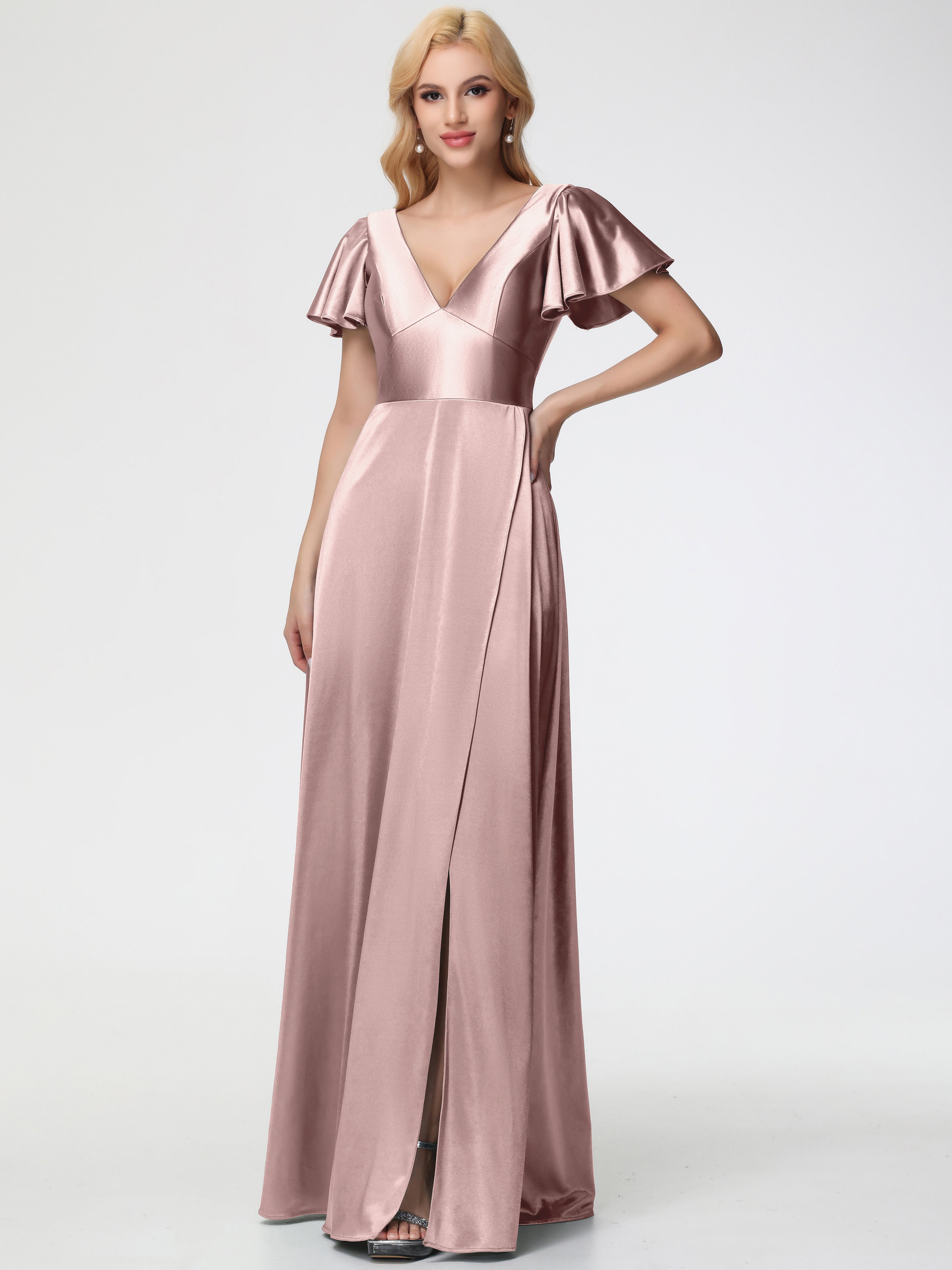 Bridesmaid Dresses Dusty Rose Deep V-Neck Short Sleeves Stretch Satin Bridesmaid Dress With Split Bridesmaid Dresses Dusty Rose Deep V-Neck Short Sleeves Stretch Satin Bridesmaid Dress With Split