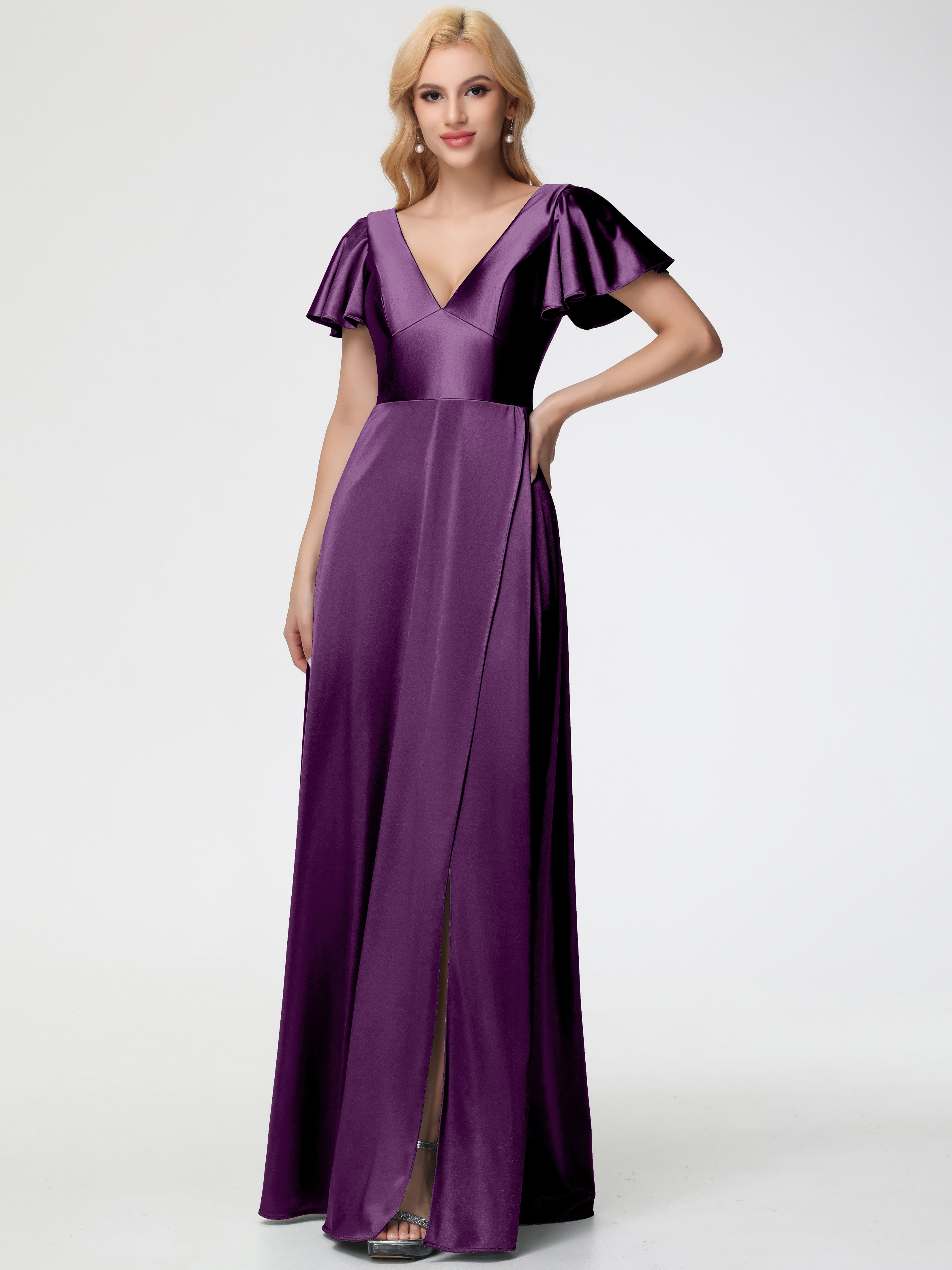 Bridesmaid Dresses Grape Deep V-Neck Short Sleeves Stretch Satin Bridesmaid Dress With Split Bridesmaid Dresses Grape Deep V-Neck Short Sleeves Stretch Satin Bridesmaid Dress With Split