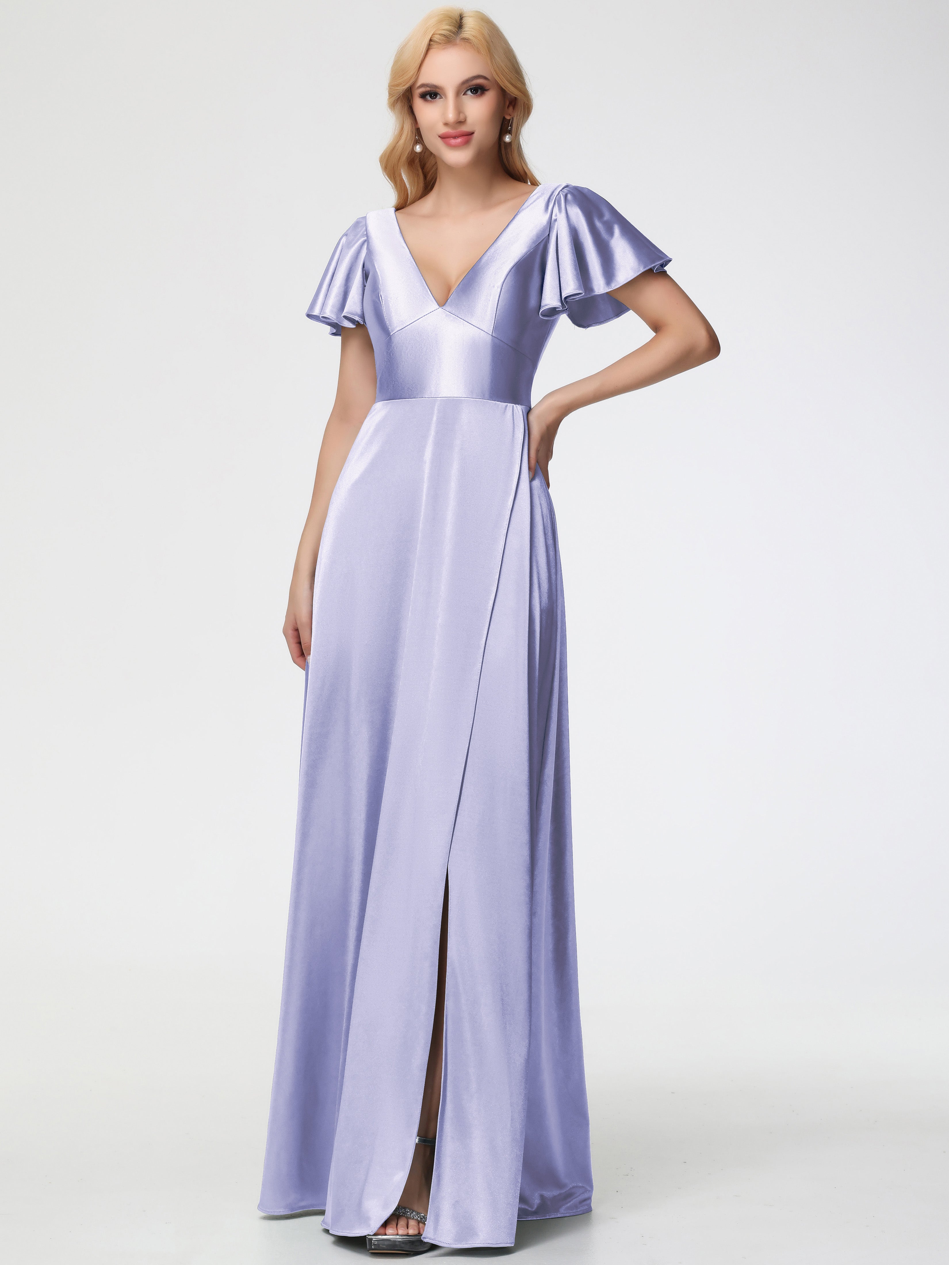 Prom Dresses Lavender Deep V-Neck Short Sleeves Stretch Satin Prom Dre Prom Dresses Lavender Deep V-Neck Short Sleeves Stretch Satin Prom Dre