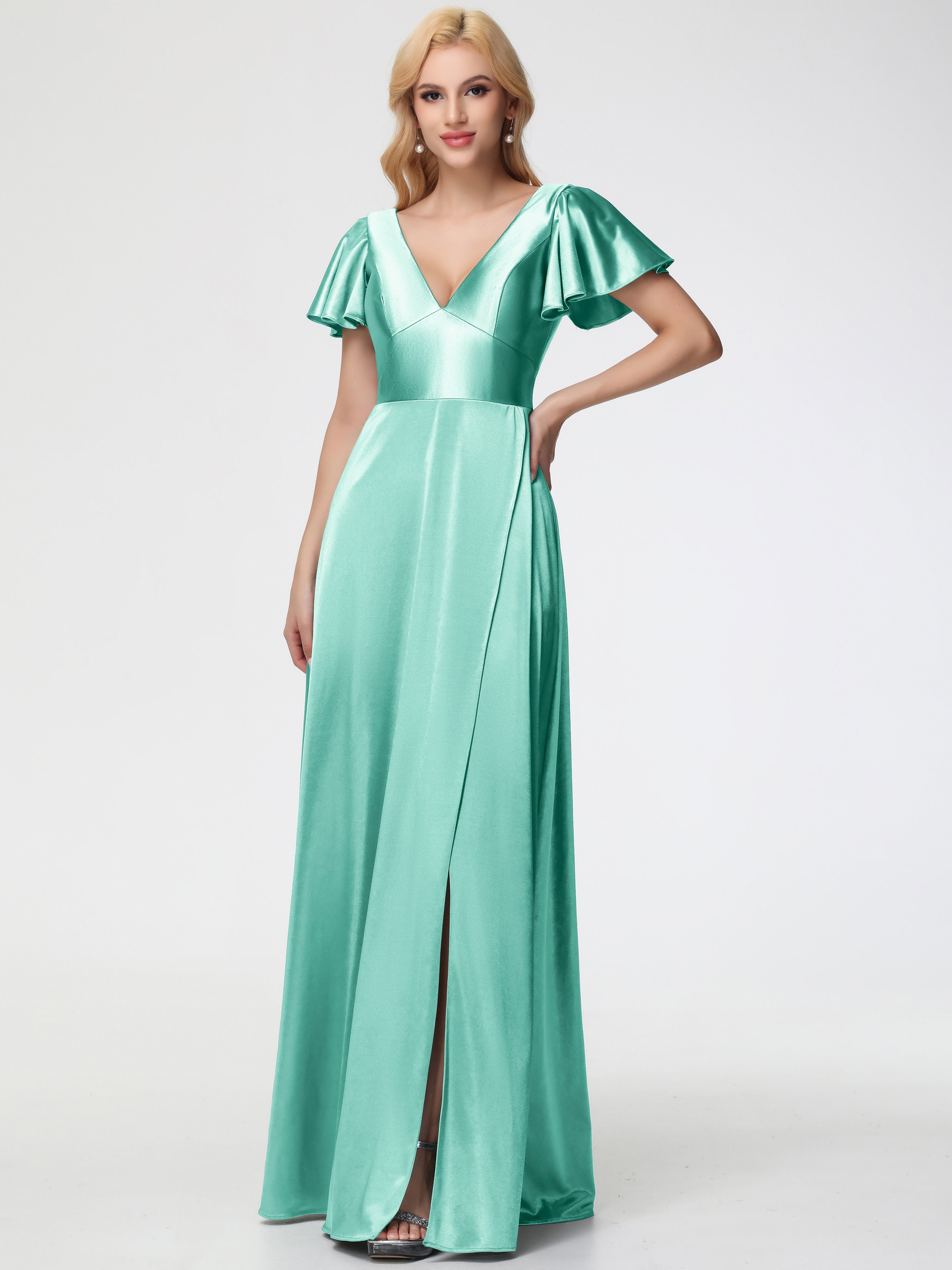 Prom Dresses Mint Green Deep V-Neck Short Sleeves Stretch Satin Prom Dress With Split Prom Dresses Mint Green Deep V-Neck Short Sleeves Stretch Satin Prom Dress With Split
