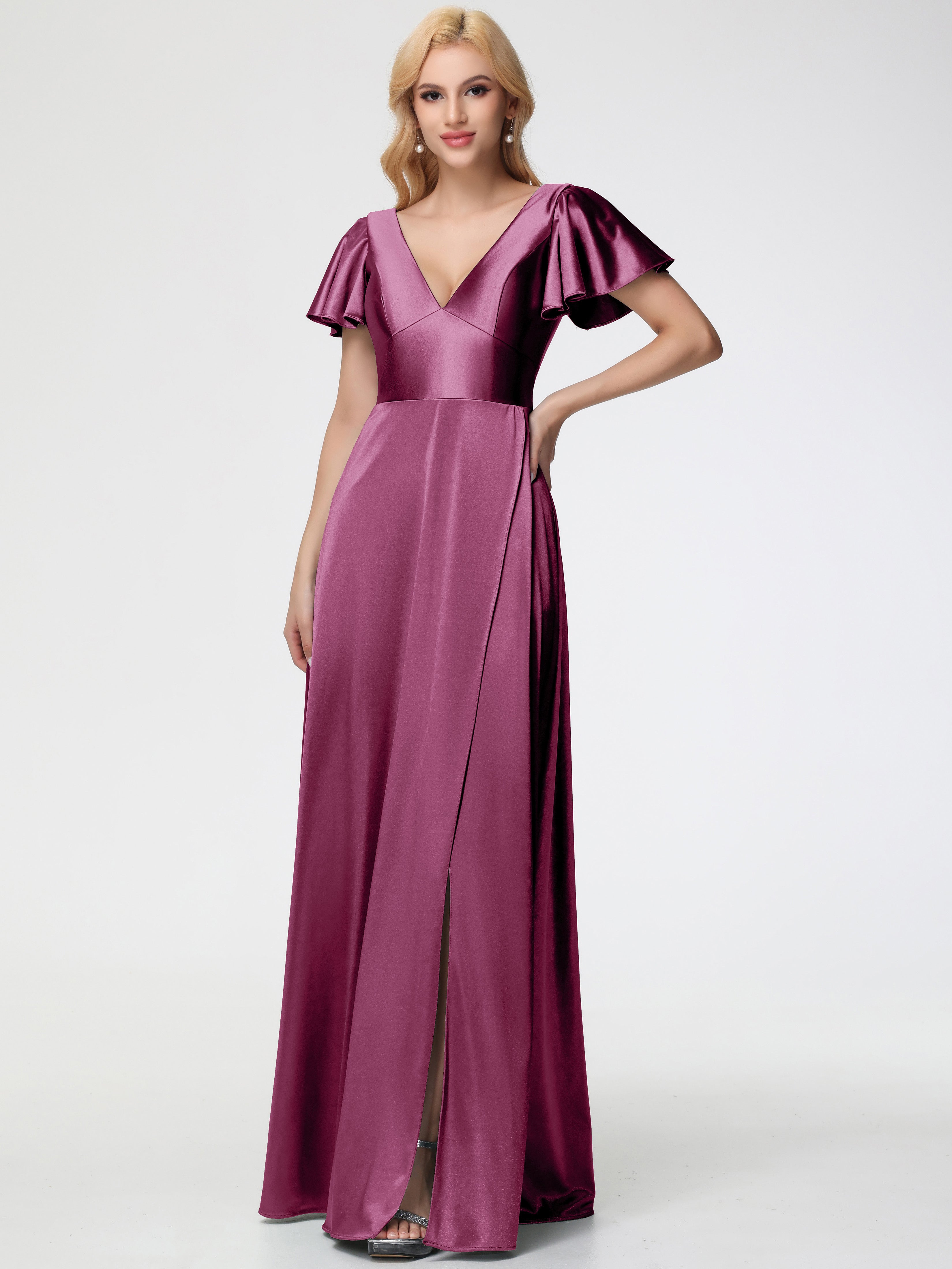 Mulberry Colour Bridesmaid Dresses Deep V-Neck Short Sleeves Stretch Satin Bridesmaid Dress With Split Mulberry Colour Bridesmaid Dresses Deep V-Neck Short Sleeves Stretch Satin Bridesmaid Dress With Split
