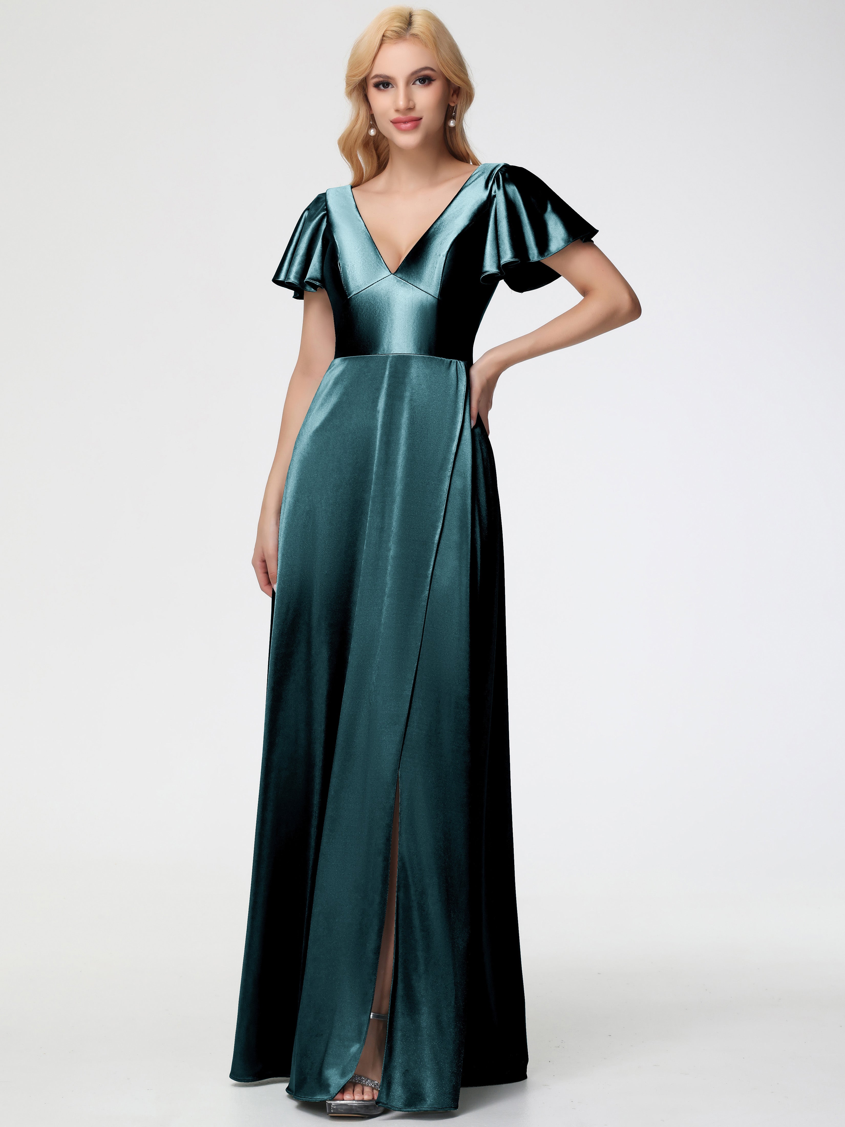 Peacock Colour Bridesmaid Dresses Deep V-Neck Short Sleeves Stretch Satin Bridesmaid Dress With Split