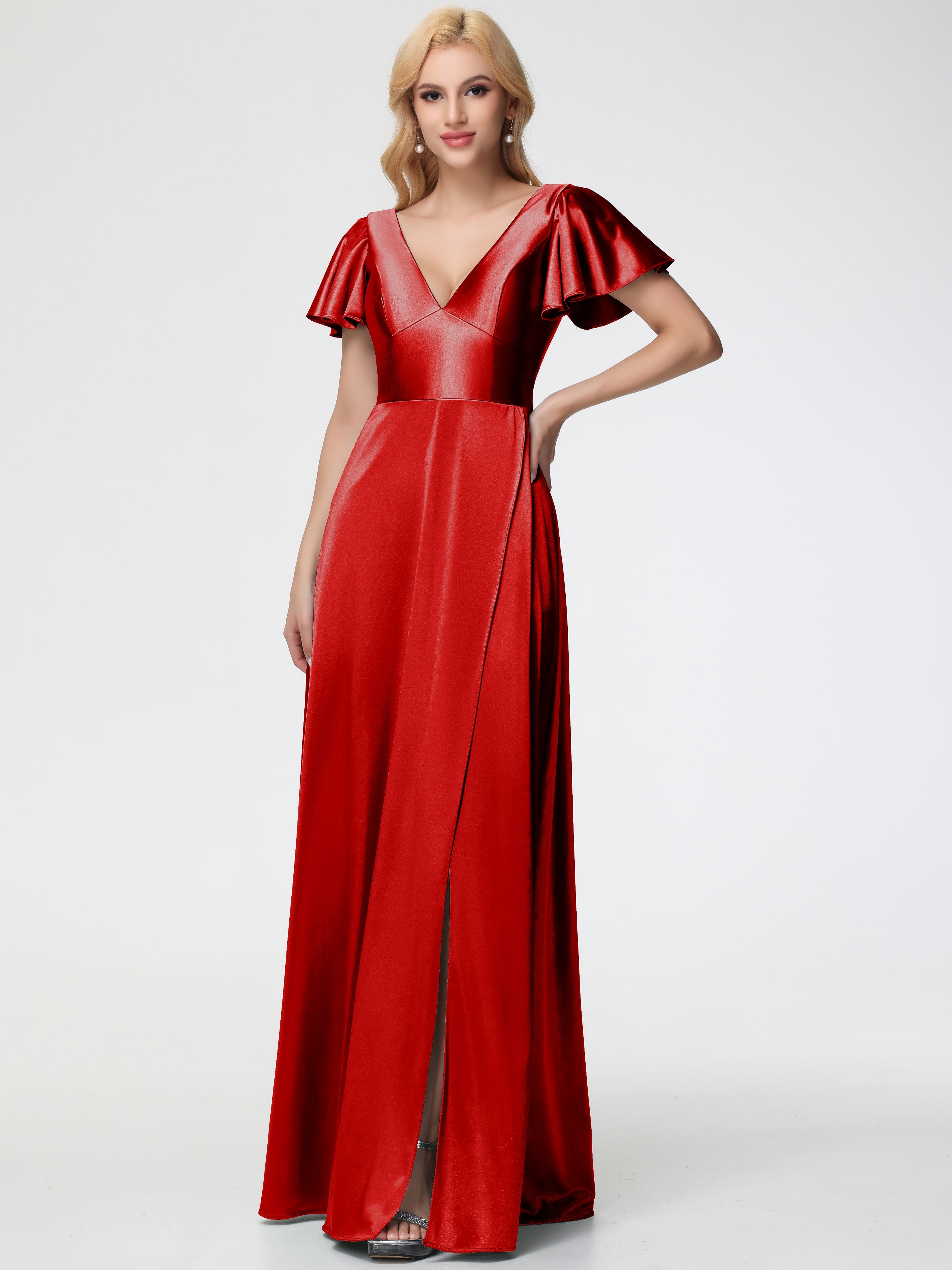 Bridesmaid Dresses Red Deep V-Neck Short Sleeves Stretch Satin Bridesmaid Dress With Split Bridesmaid Dresses Red Deep V-Neck Short Sleeves Stretch Satin Bridesmaid Dress With Split