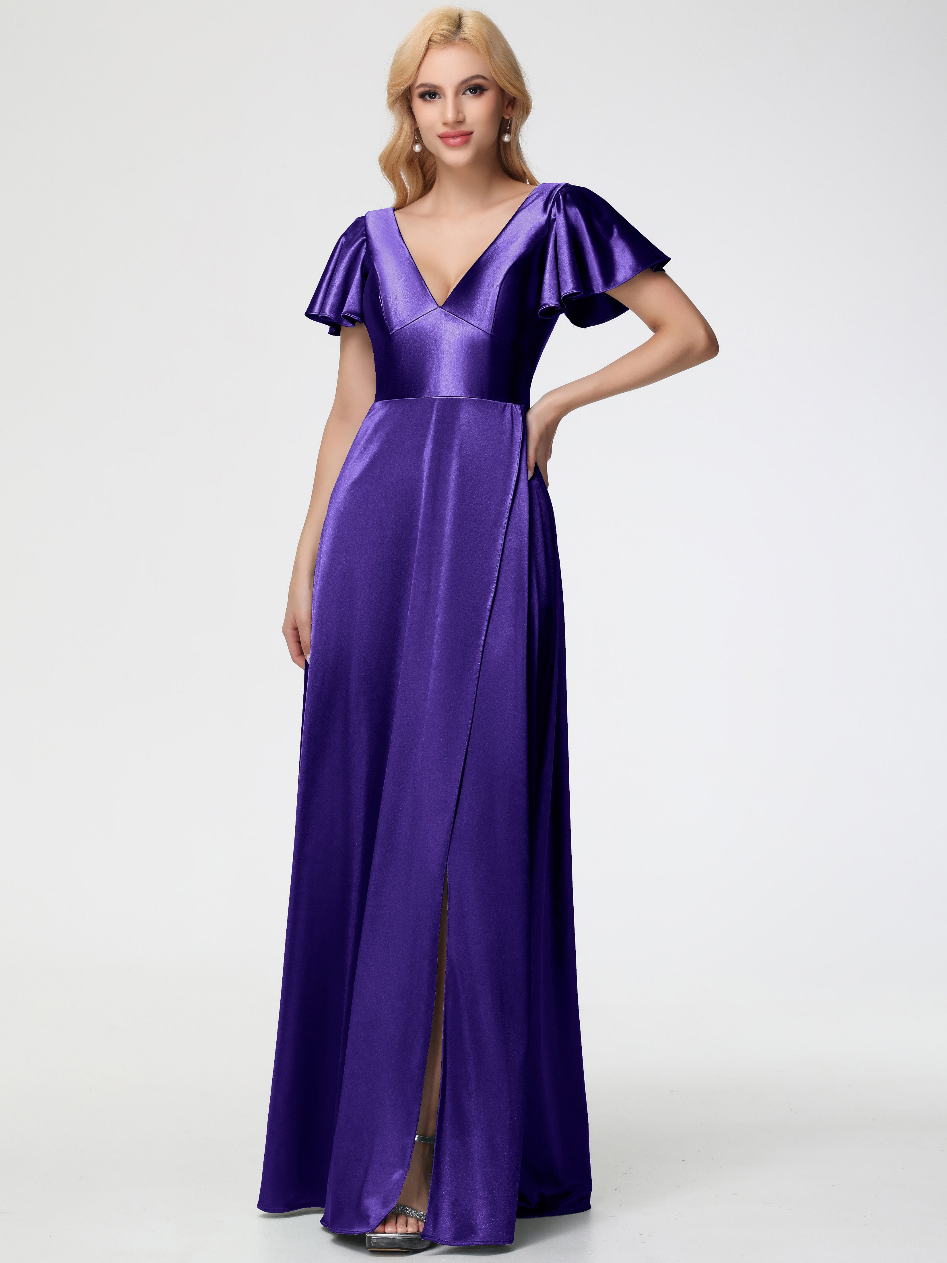 V-neck Short Sleeves Soft Satin Prom Dress, Regency