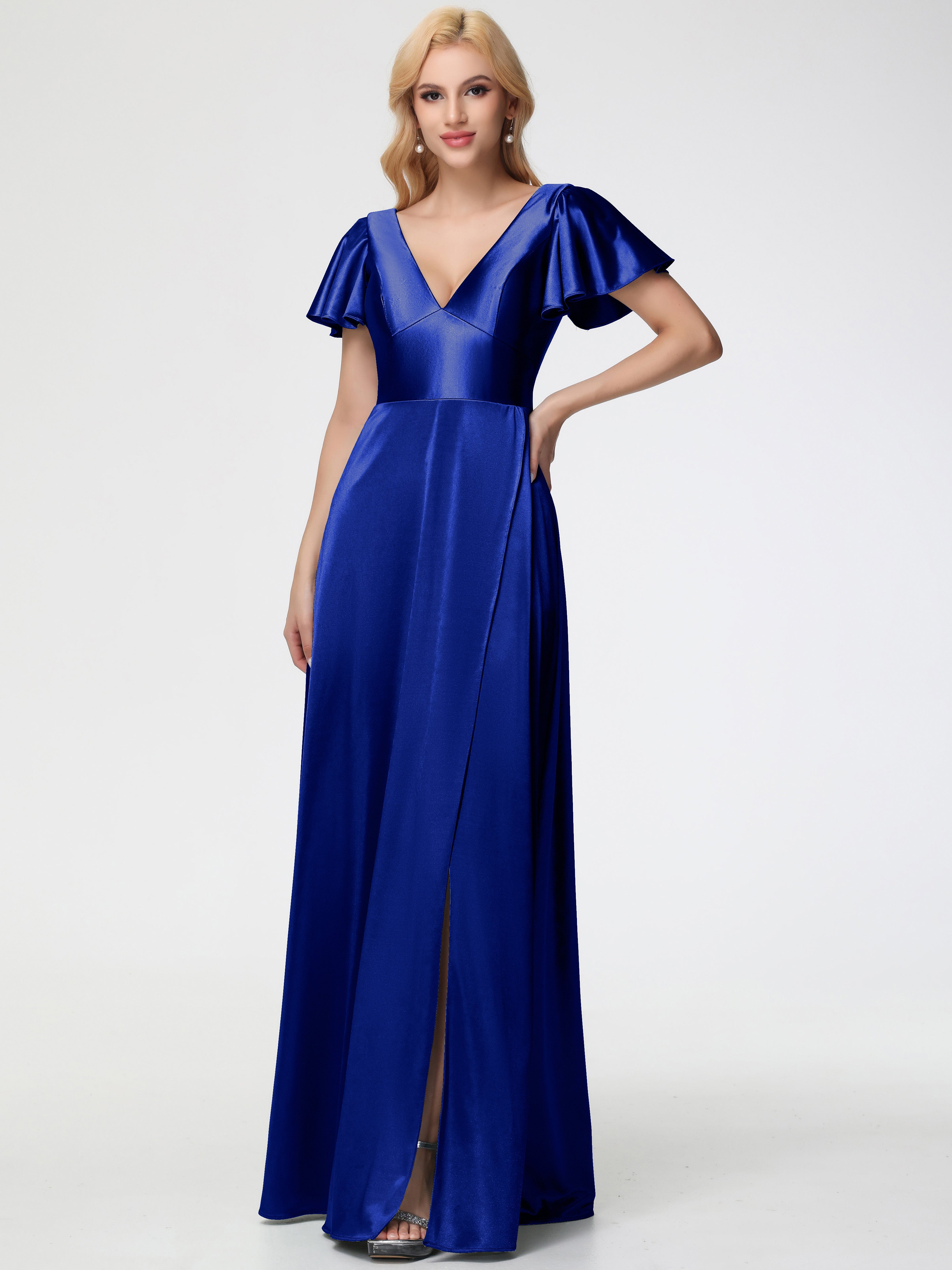 Formal Dresses Royal Blue Deep V-Neck Short Sleeves Stretch Satin Formal Dress With Split Formal Dresses Royal Blue Deep V-Neck Short Sleeves Stretch Satin Formal Dress With Split