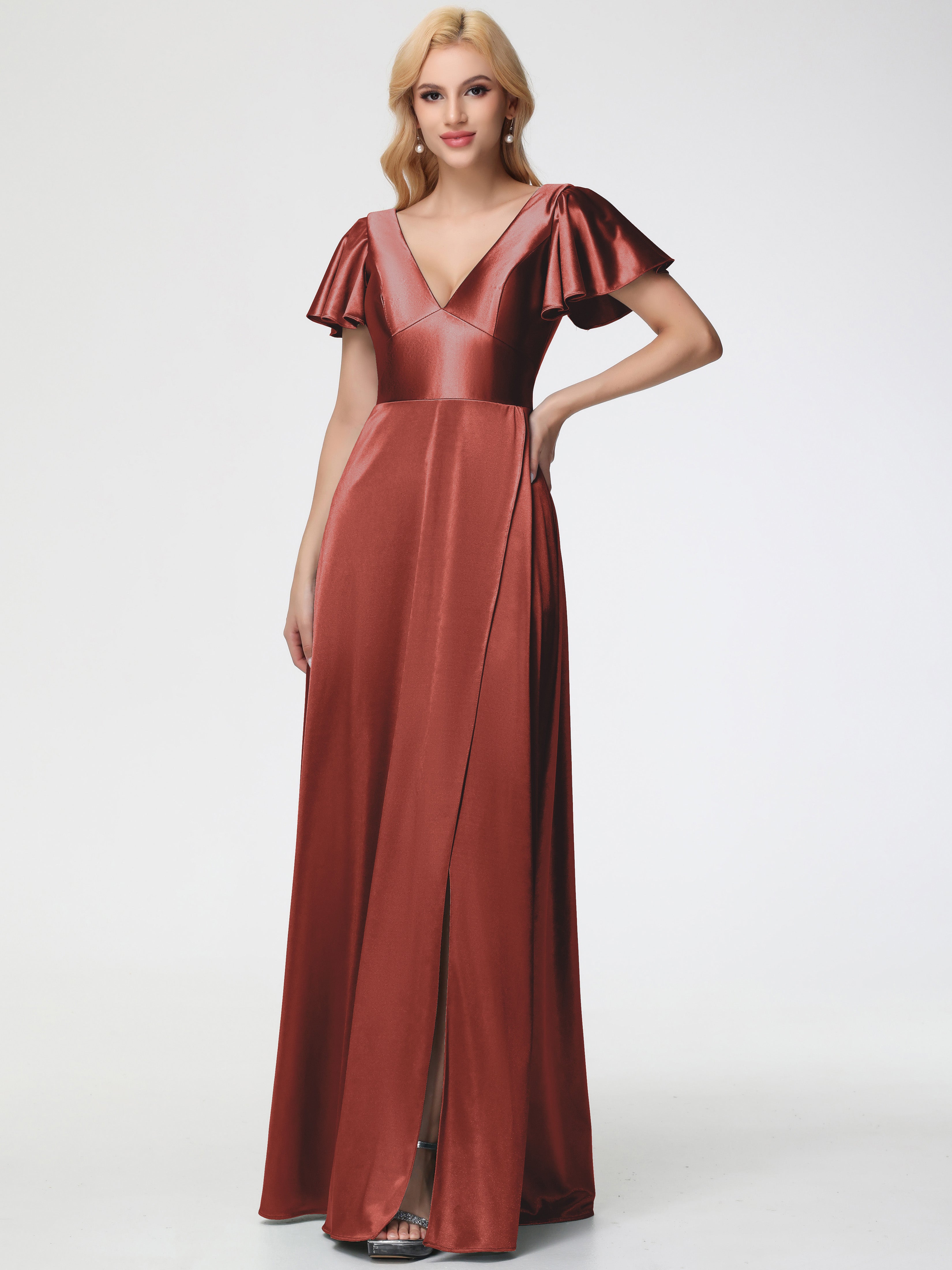 Rust Coloured Bridesmaid Dresses Deep V-Neck Short Sleeves Stretch Sat Rust Coloured Bridesmaid Dresses Deep V-Neck Short Sleeves Stretch Sat