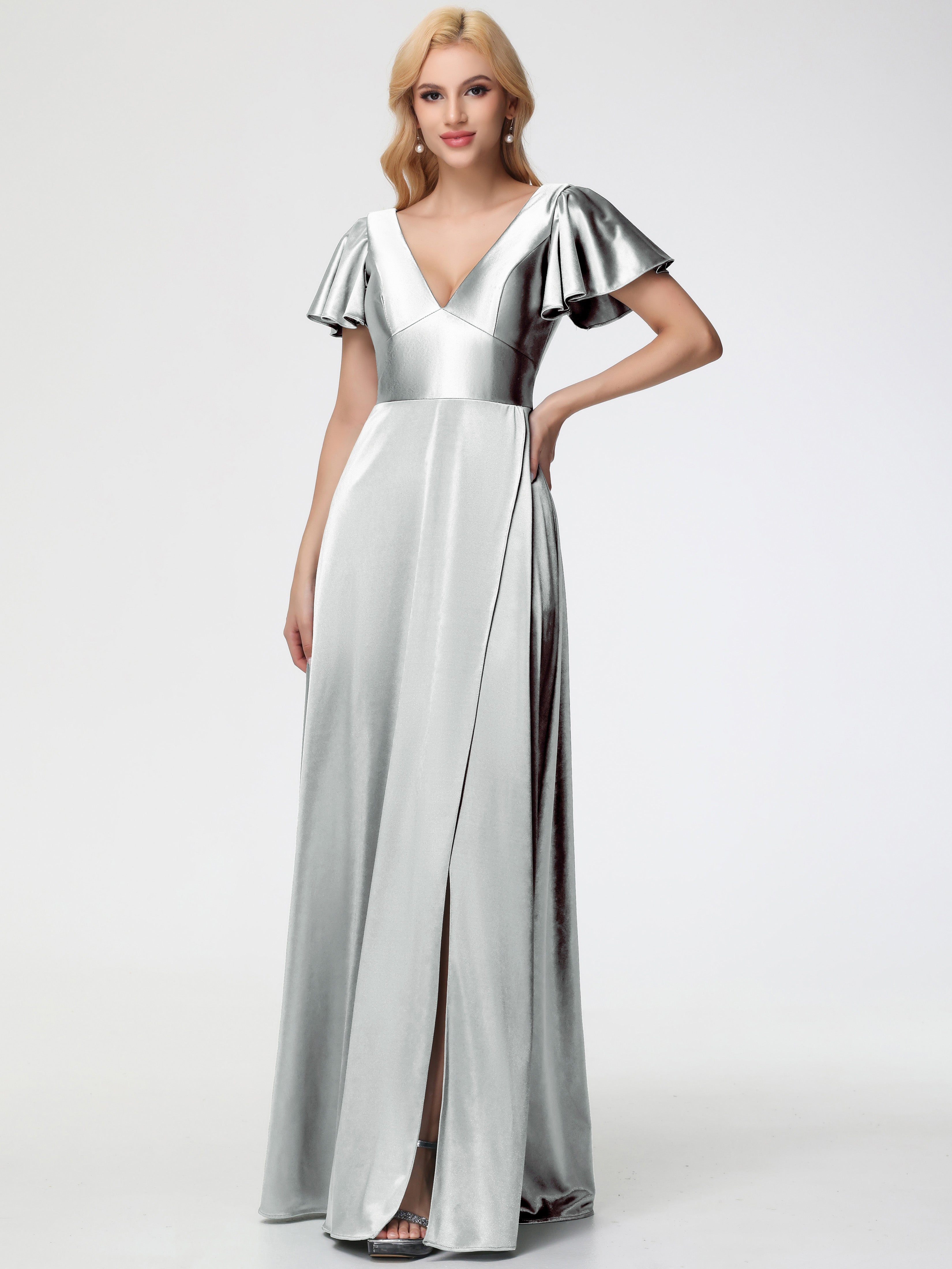 Silver Bridesmaid Dresses Deep V-Neck Short Sleeves Stretch Satin Bridesmaid Dress with Split Silver Bridesmaid Dresses Deep V-Neck Short Sleeves Stretch Satin Bridesmaid Dress with Split
