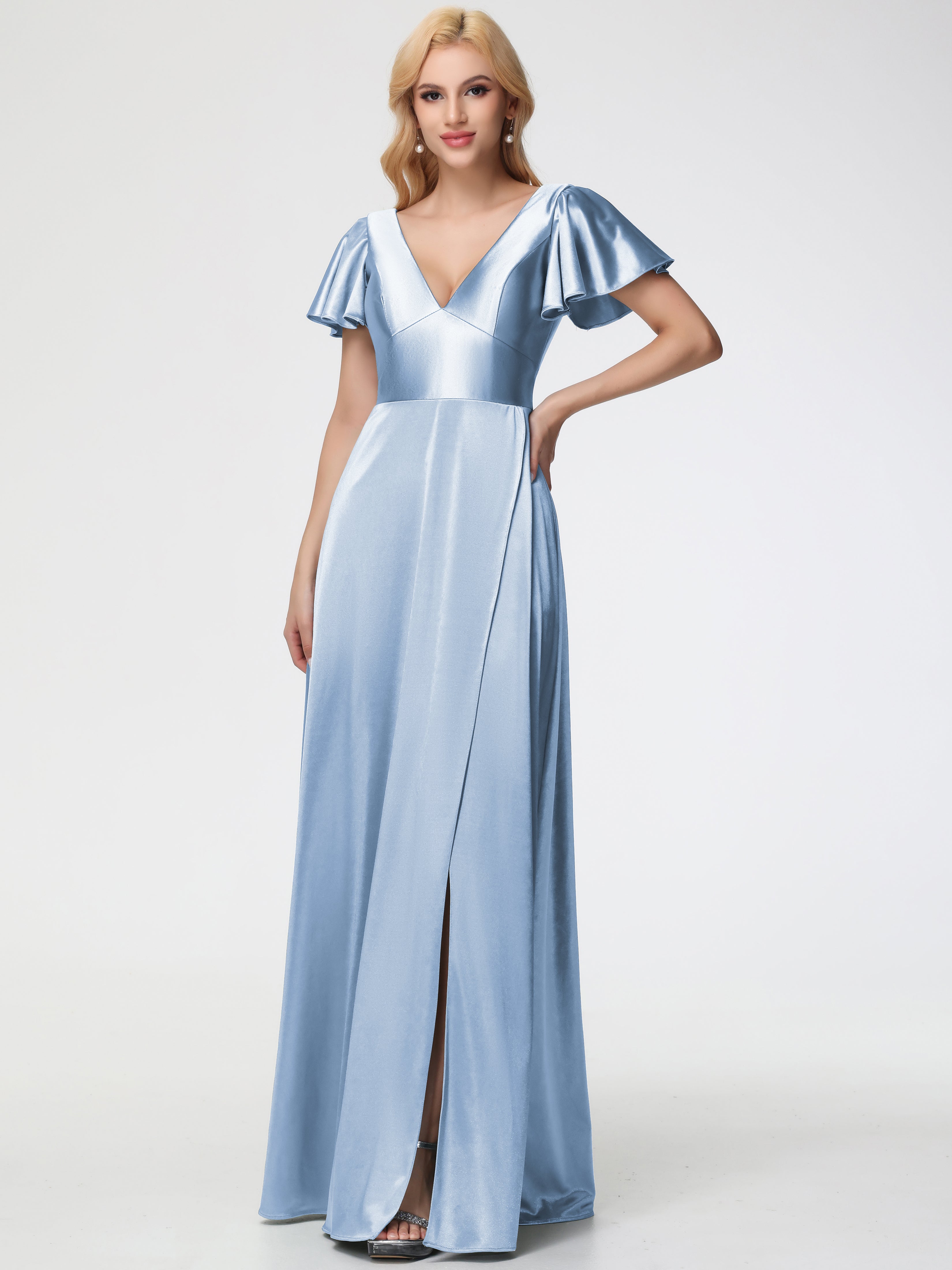 Sky Blue Prom Dresses Deep V-Neck Short Sleeves Stretch Satin Prom Dress With Split
