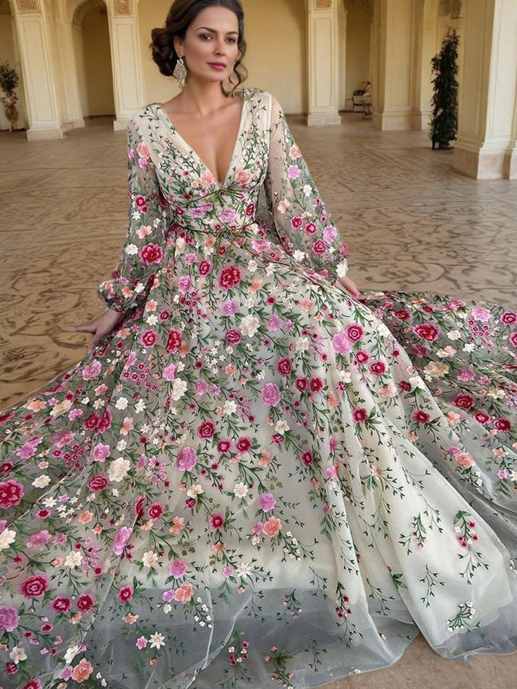 Deep V-Neck Sheer Sleeves Embroidered Blooming Flower Lace Mother of The Bride Dress Deep V-Neck Sheer Sleeves Embroidered Blooming Flower Lace Mother of The Bride Dress