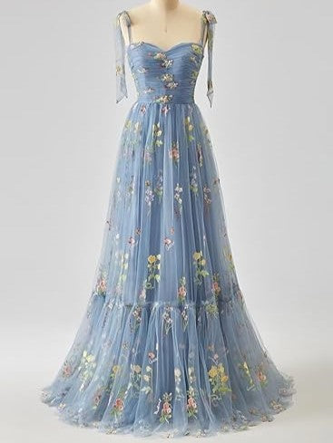 Elegant Spaghetti Straps A-line Floral Floor-length Bridesmaid Dresses, Dusty_Blue Elegant Spaghetti Straps A-line Floral Floor-length Bridesmaid Dresses, Dusty_Blue