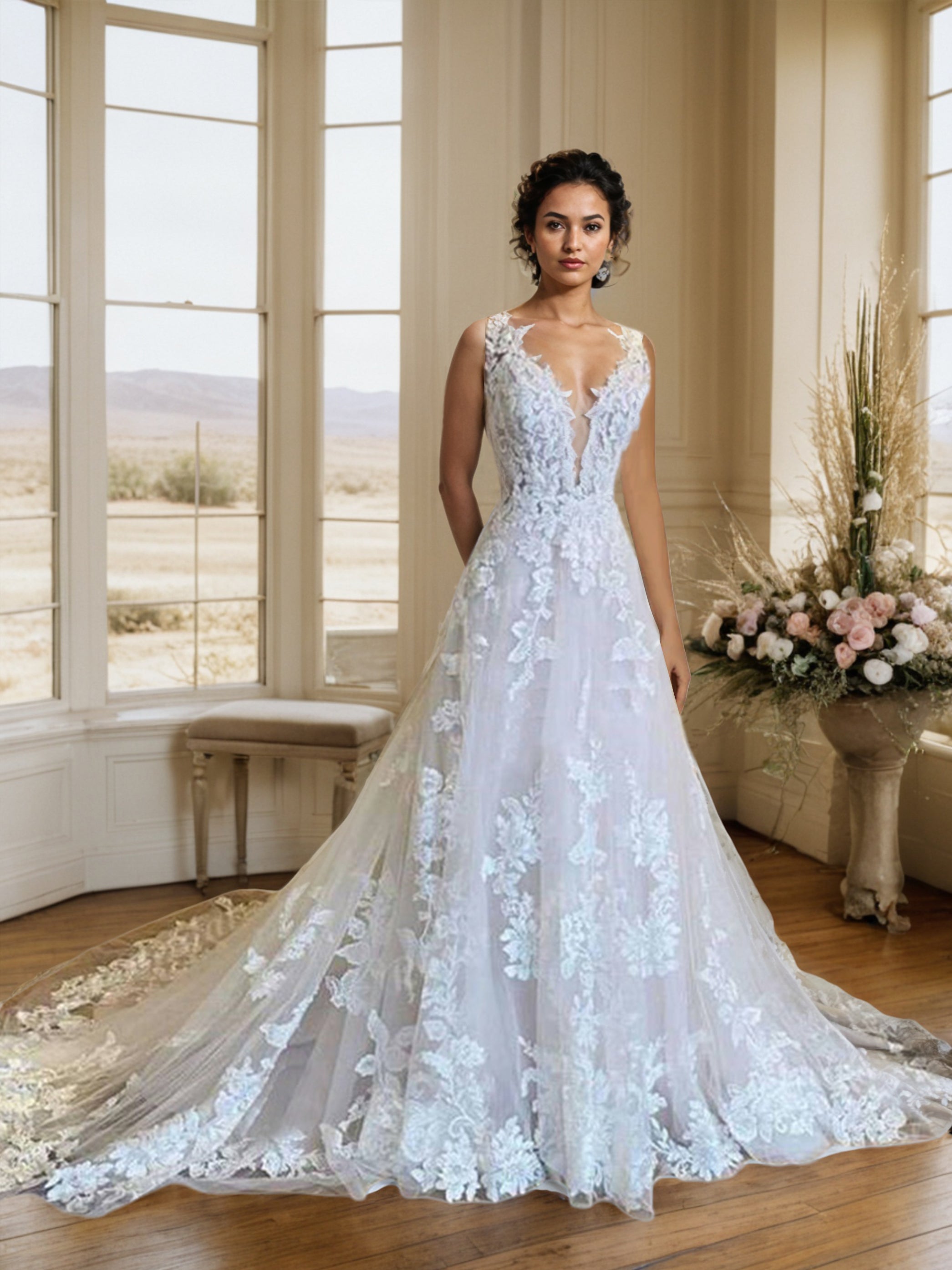 Elegant Sheer Neck Lace Appliques Wedding Dress with Court Train Elegant Sheer Neck Lace Appliques Wedding Dress with Court Train