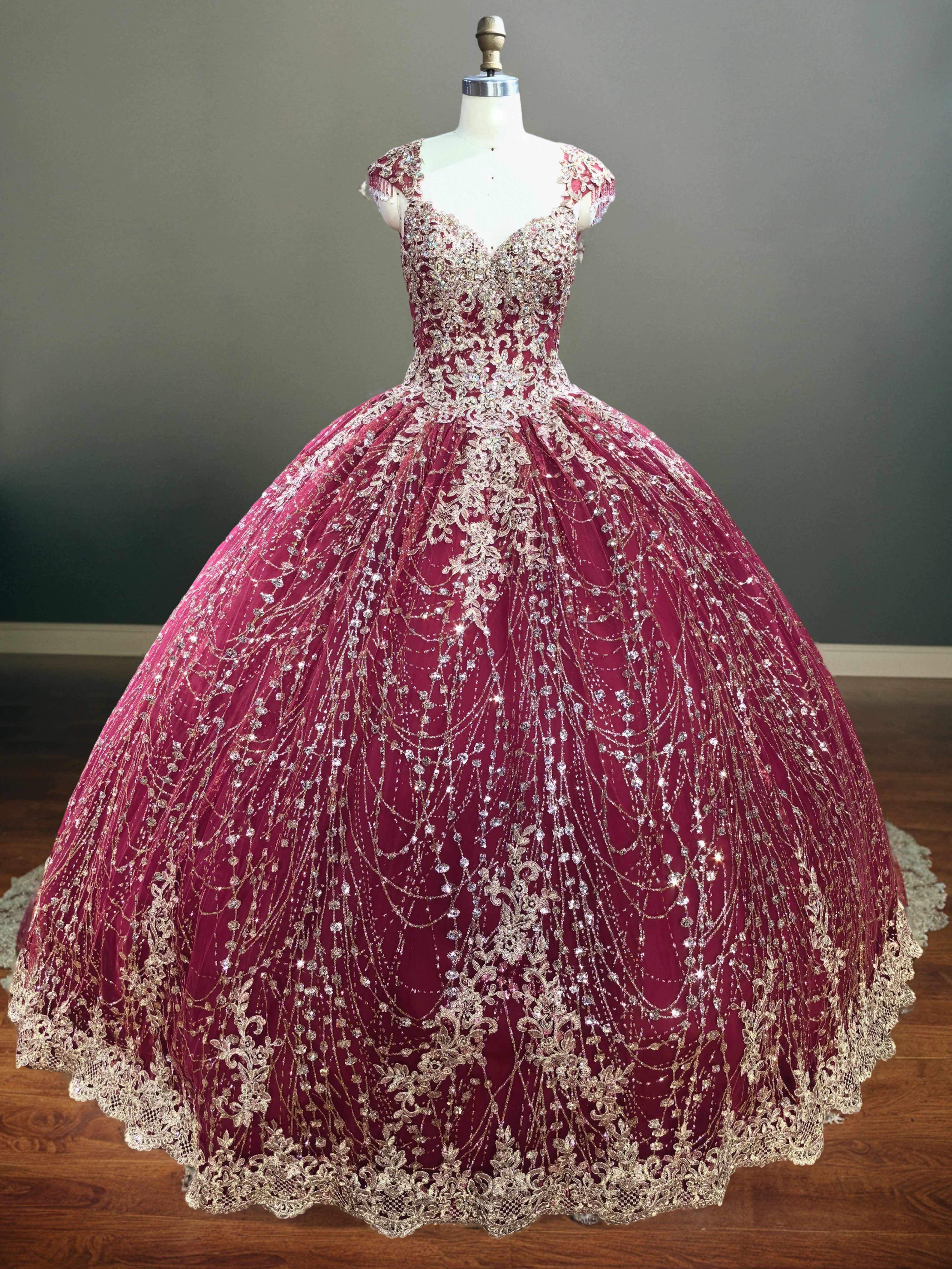Exclusive Cap Sleeves Crystal Ball Gown Lace Appliqued Quinceanera Dress Exclusive Cap Sleeves Crystal Ball Gown Lace Appliqued Quinceanera Dress