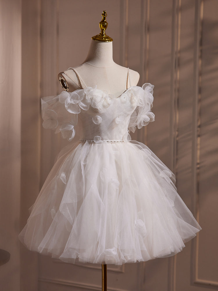 white tulle dress Fairy Off the Shoulder Flower Tulle Short Homecoming Dress