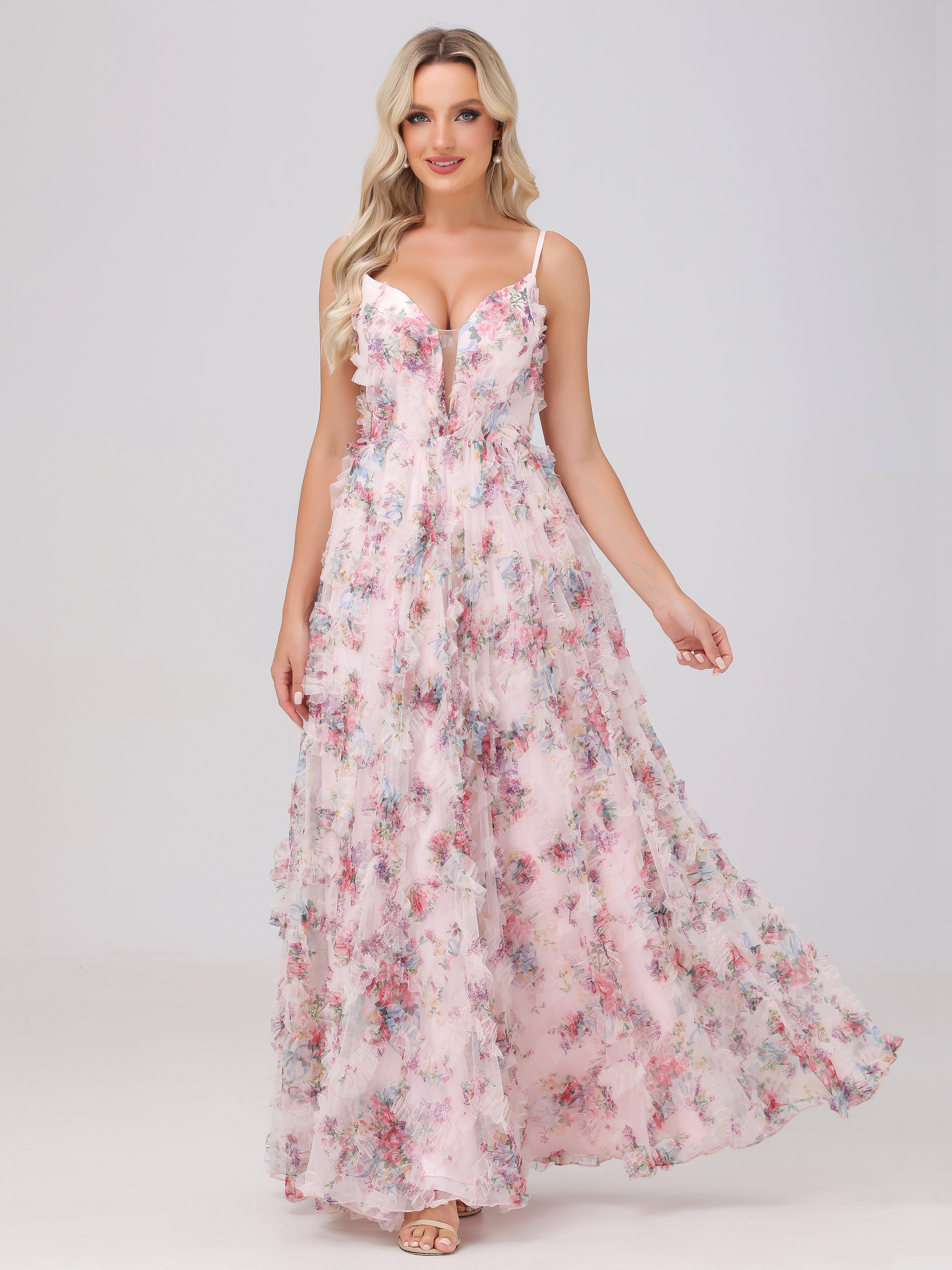 Flowy A-Line V-Neck Pink Floral Tulle Bridesmaid Dresses