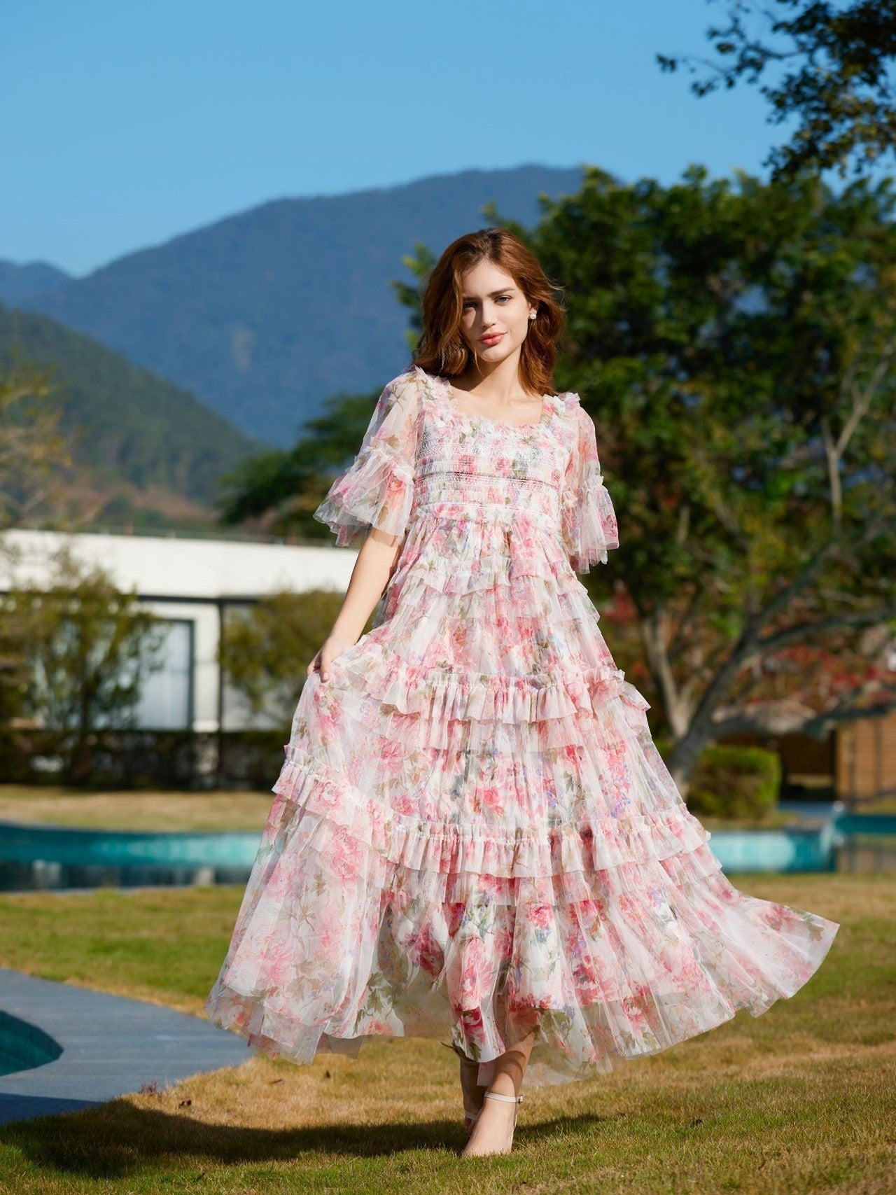 Flowy Floral Ruffle Tulle Layered Mother of the Groom Dress, Pink / L Flowy Floral Ruffle Tulle Layered Mother of the Groom Dress, Pink / L