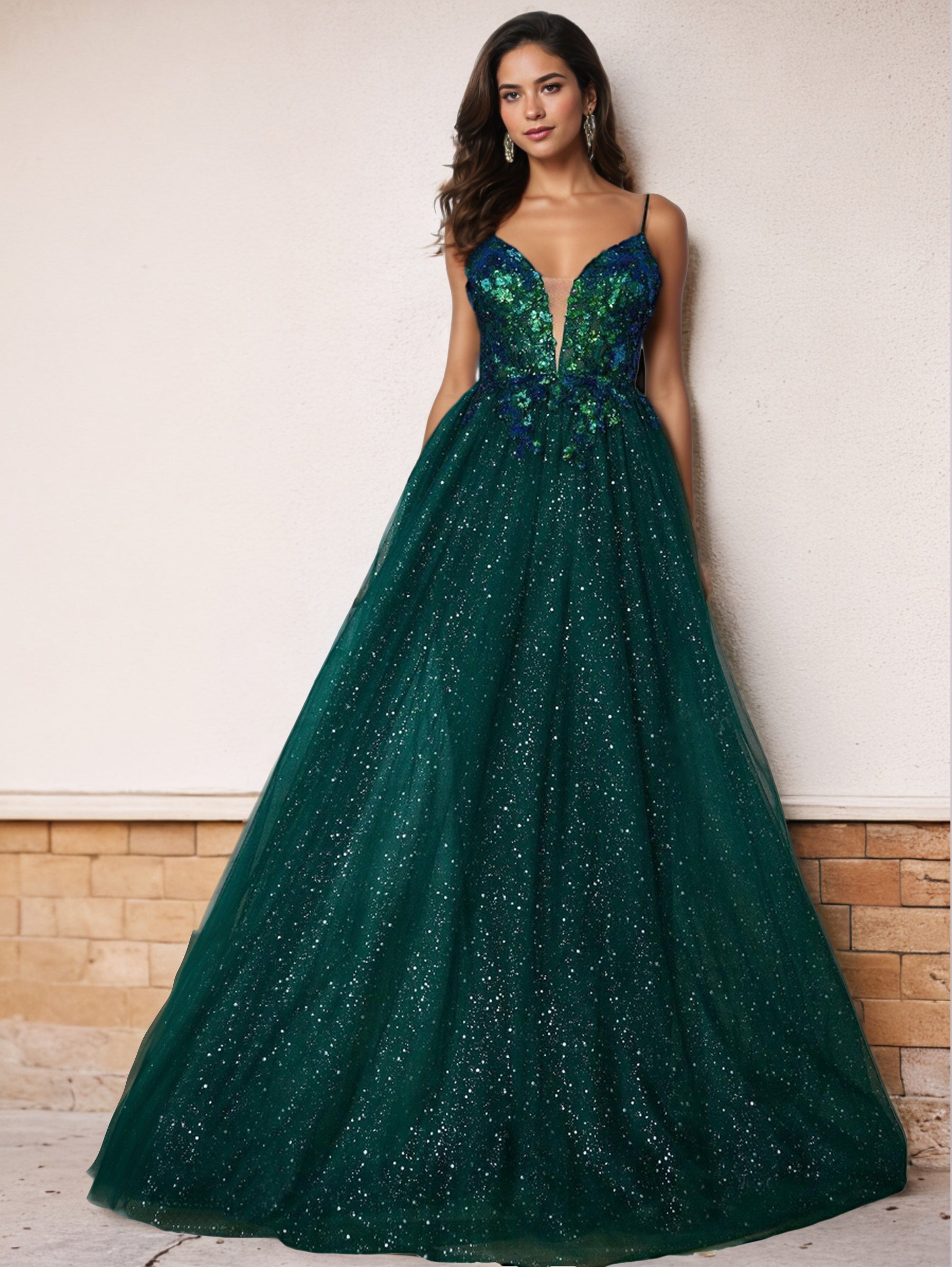 Glitter A-Line Ball Gown Spaghetti Straps Prom Dresses with Sweep/Brush Train Glitter A-Line Ball Gown Spaghetti Straps Prom Dresses with Sweep/Brush Train