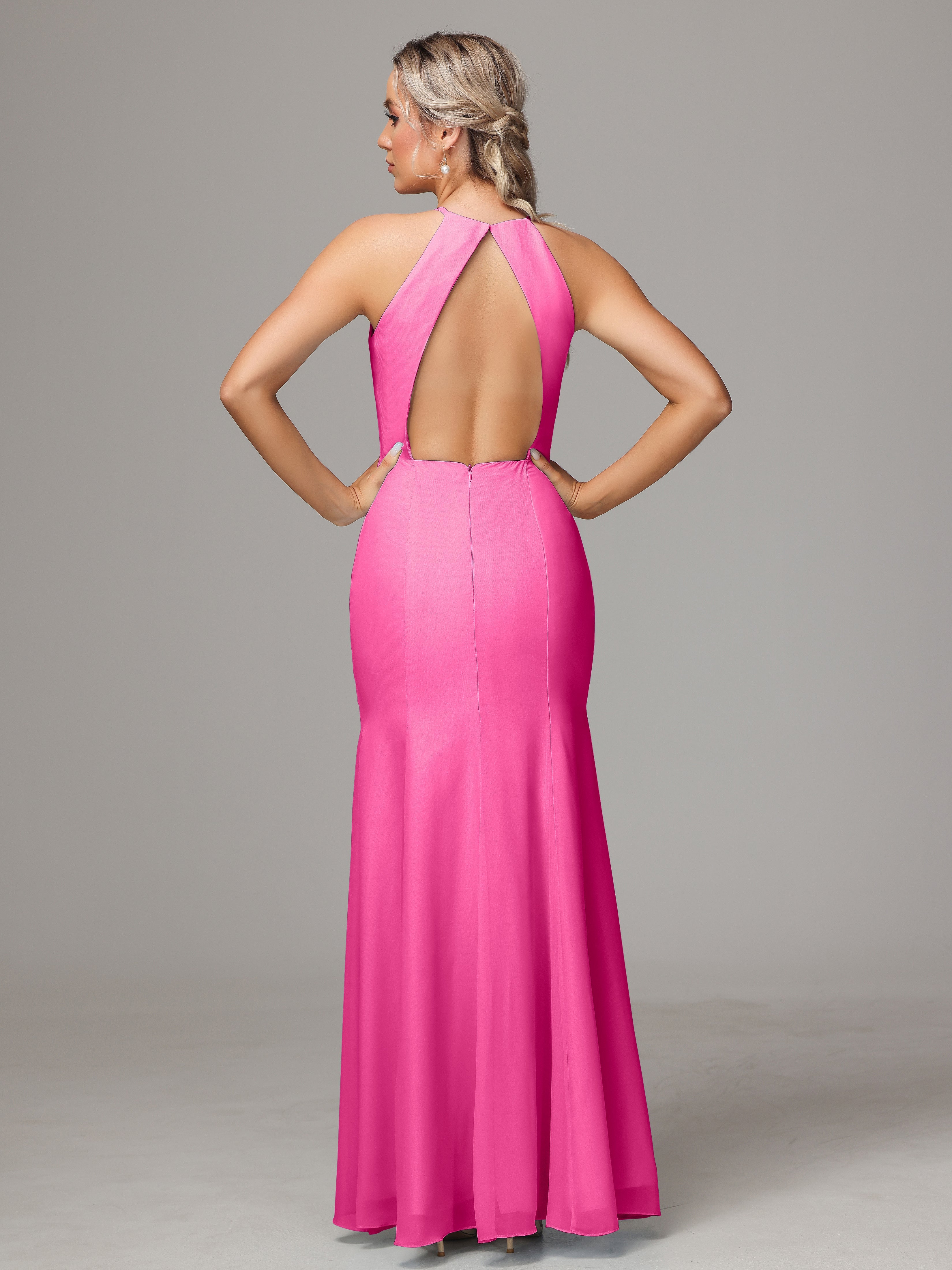 Halter Open Back Chiffon Wedding Guest Dress With Slit