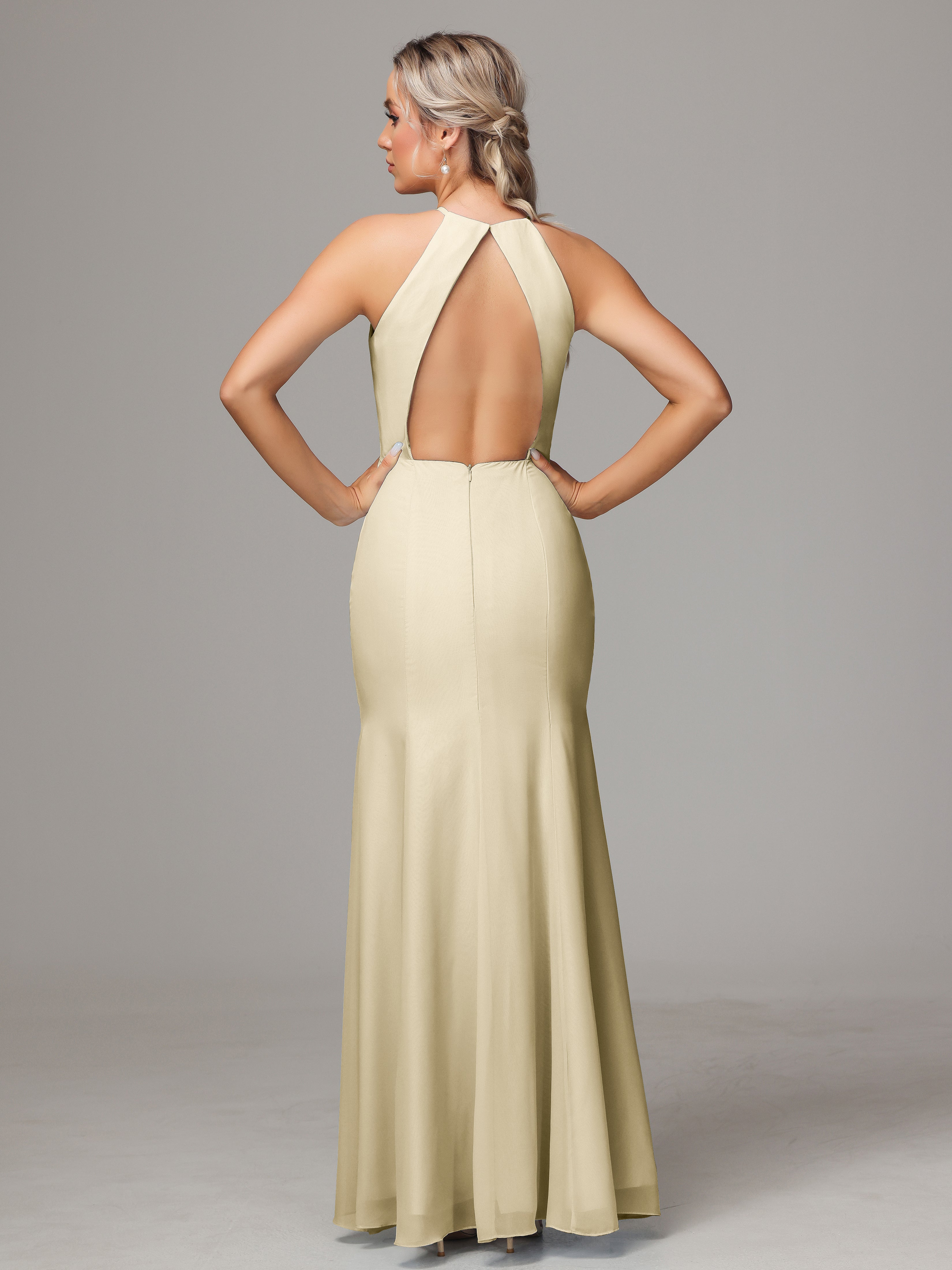 Halter Open Back Chiffon Wedding Guest Dress With Slit
