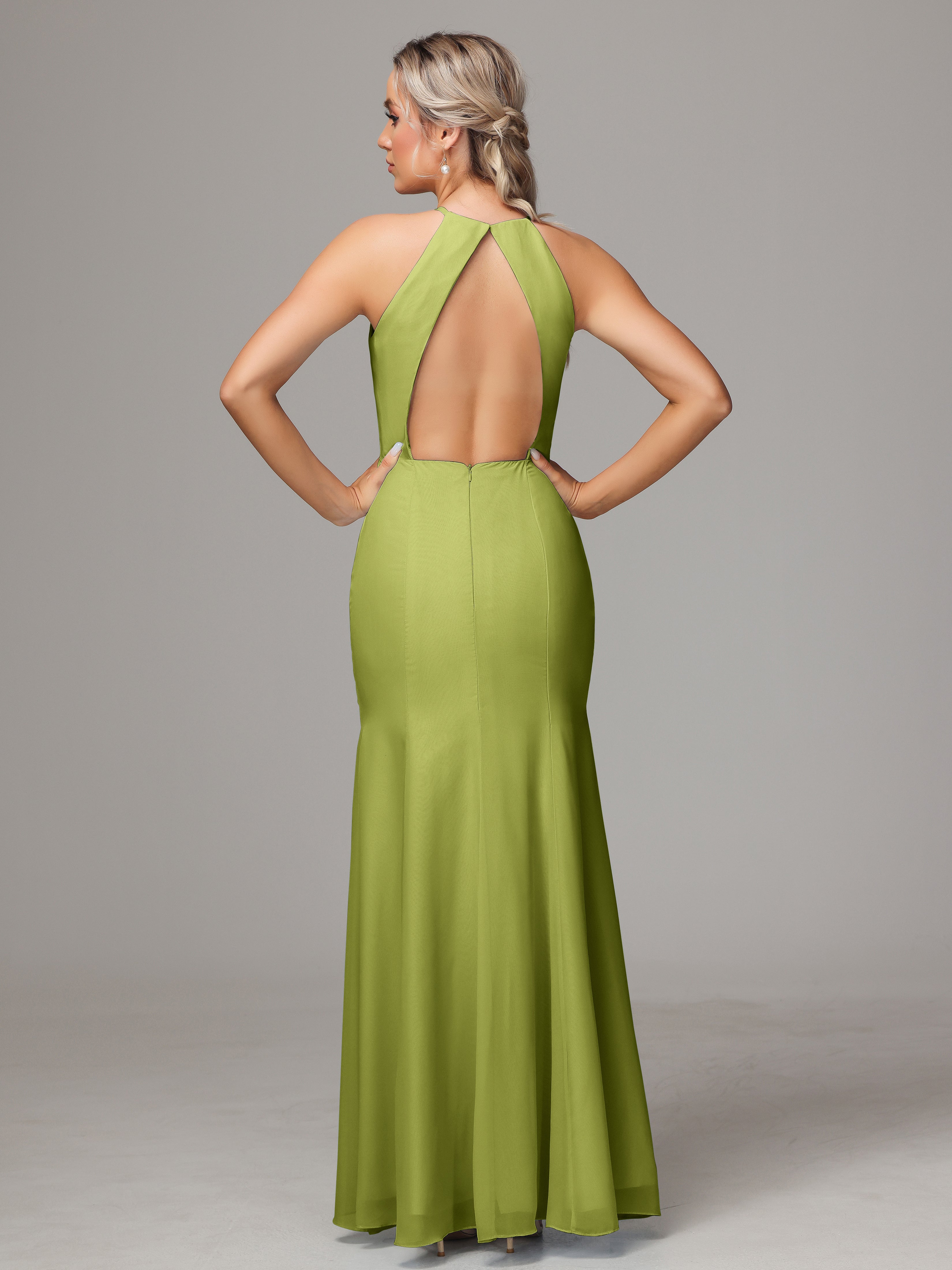 Halter Open Back Chiffon Wedding Guest Dress With Slit