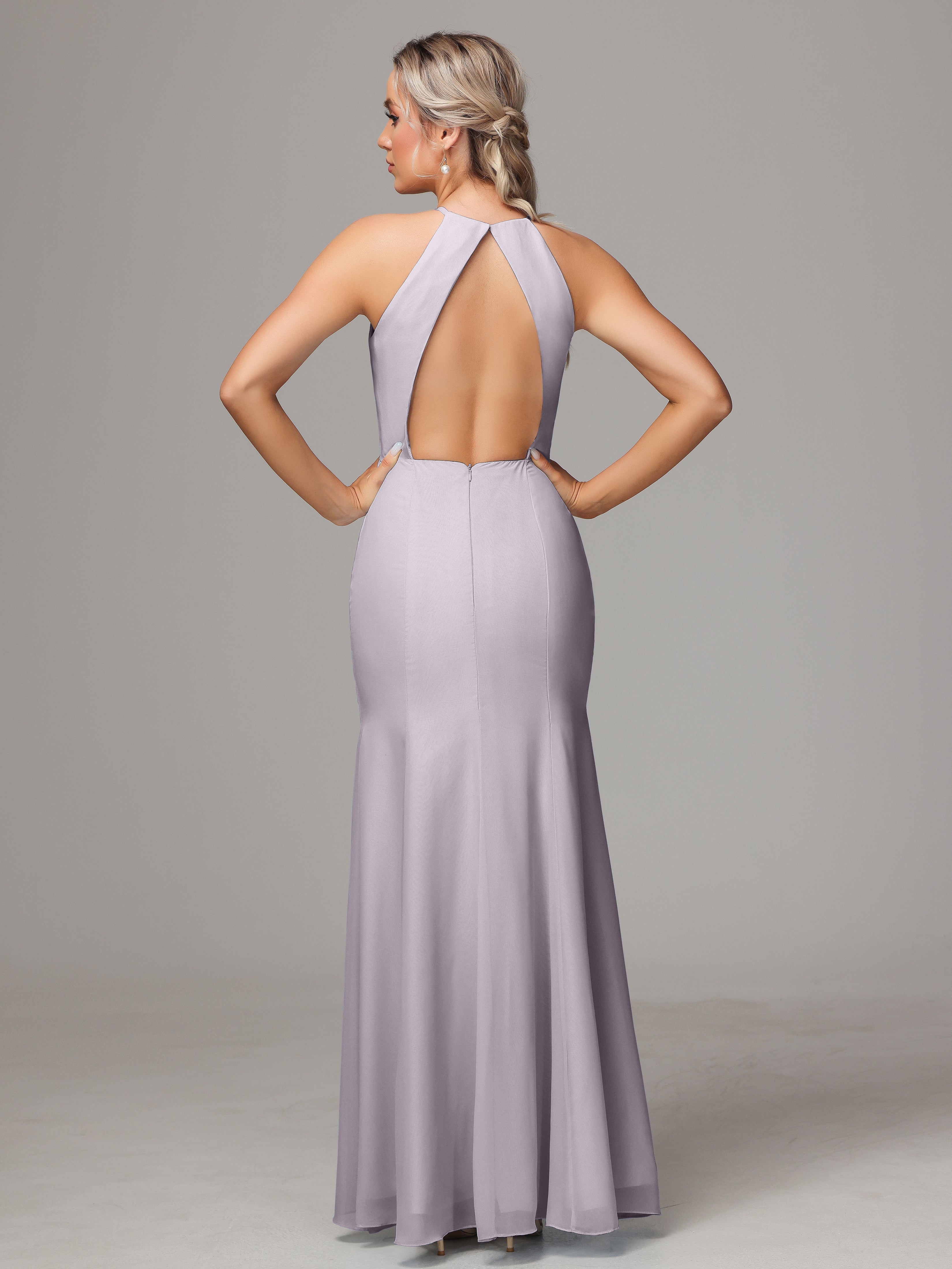 Halter Open Back Chiffon Wedding Guest Dress With Slit