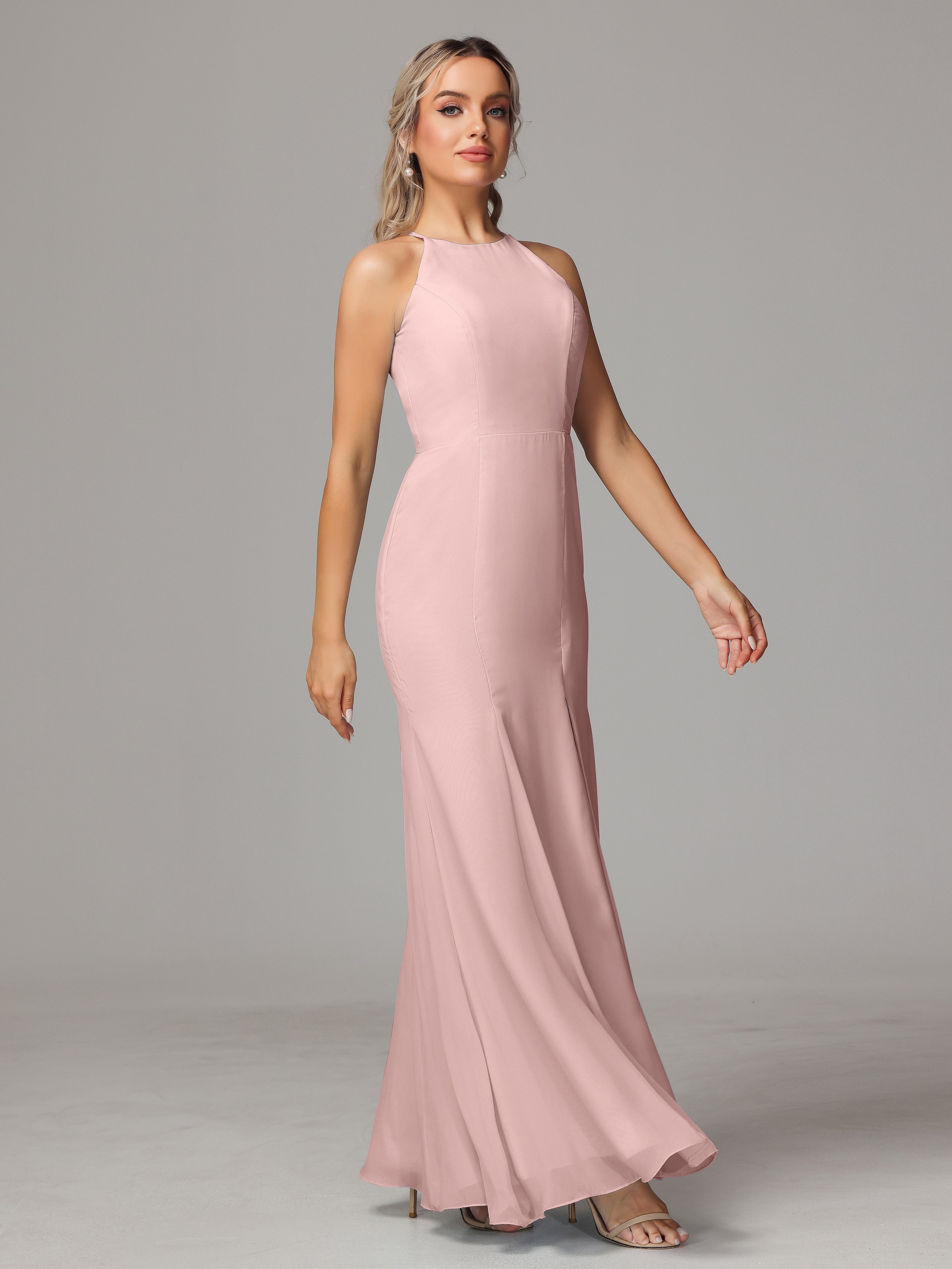 Halter Open Back Chiffon Wedding Guest Dress With Slit