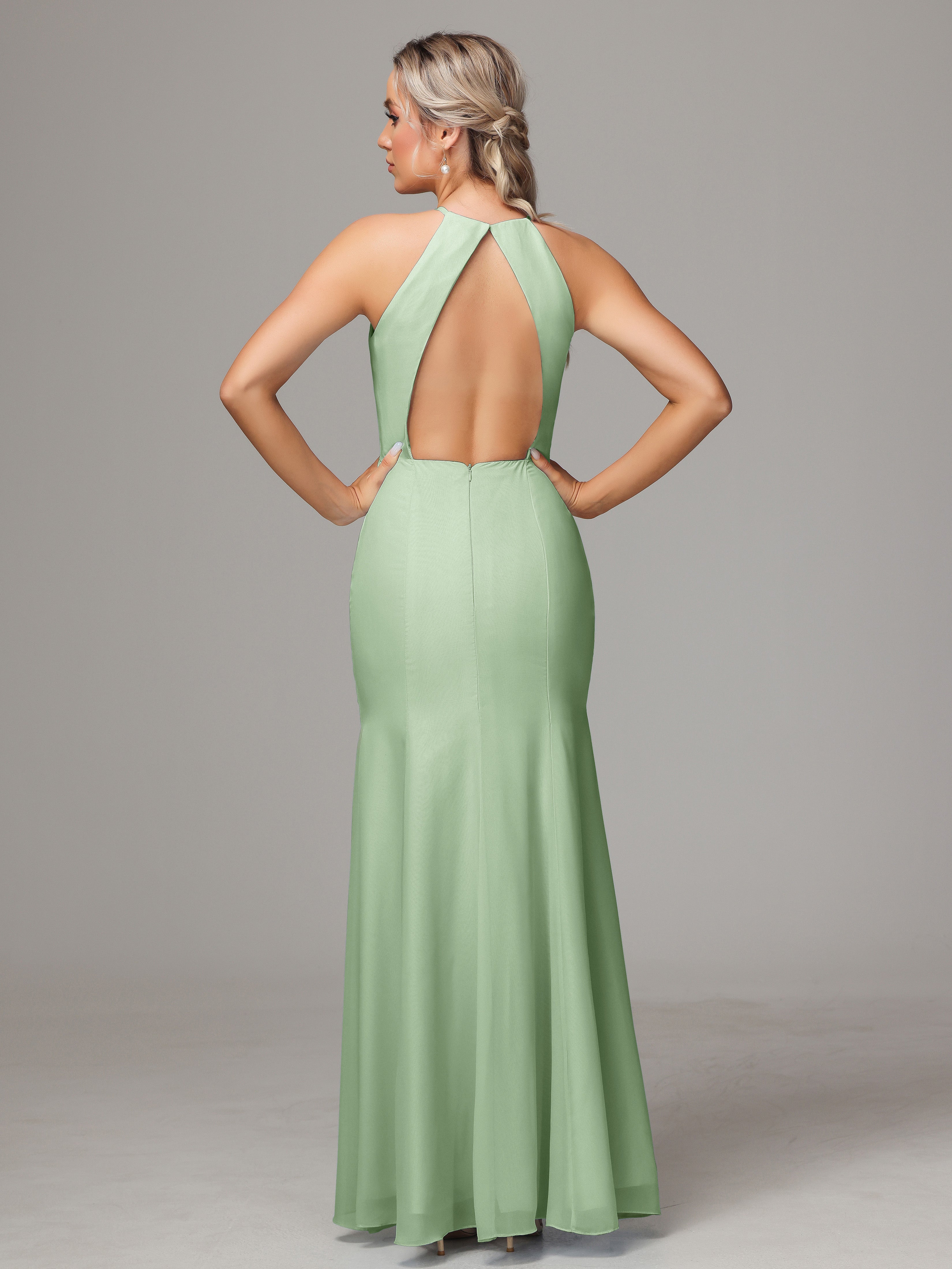 Halter Open Back Chiffon Wedding Guest Dress With Slit