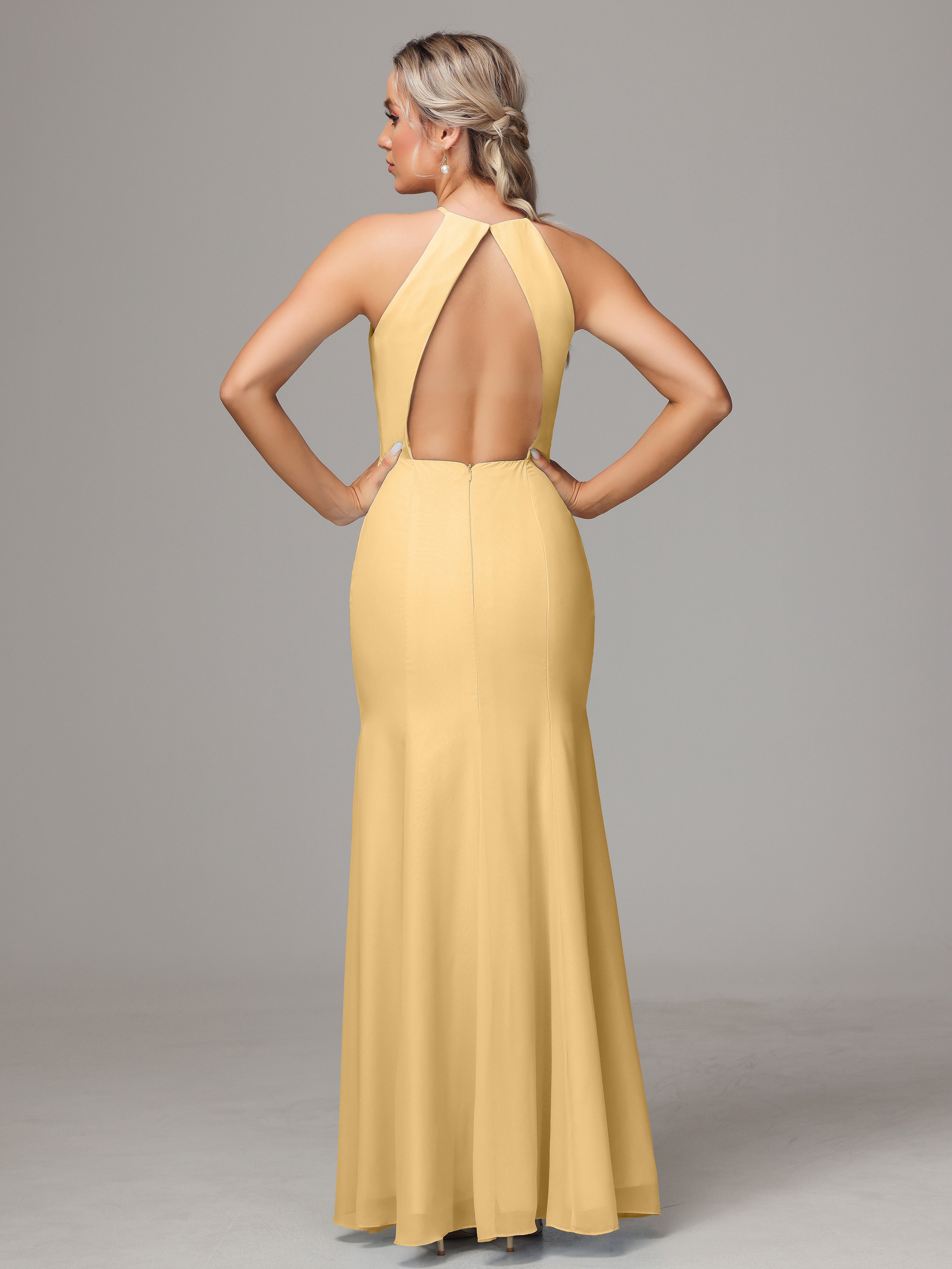 Halter Open Back Chiffon Wedding Guest Dress With Slit