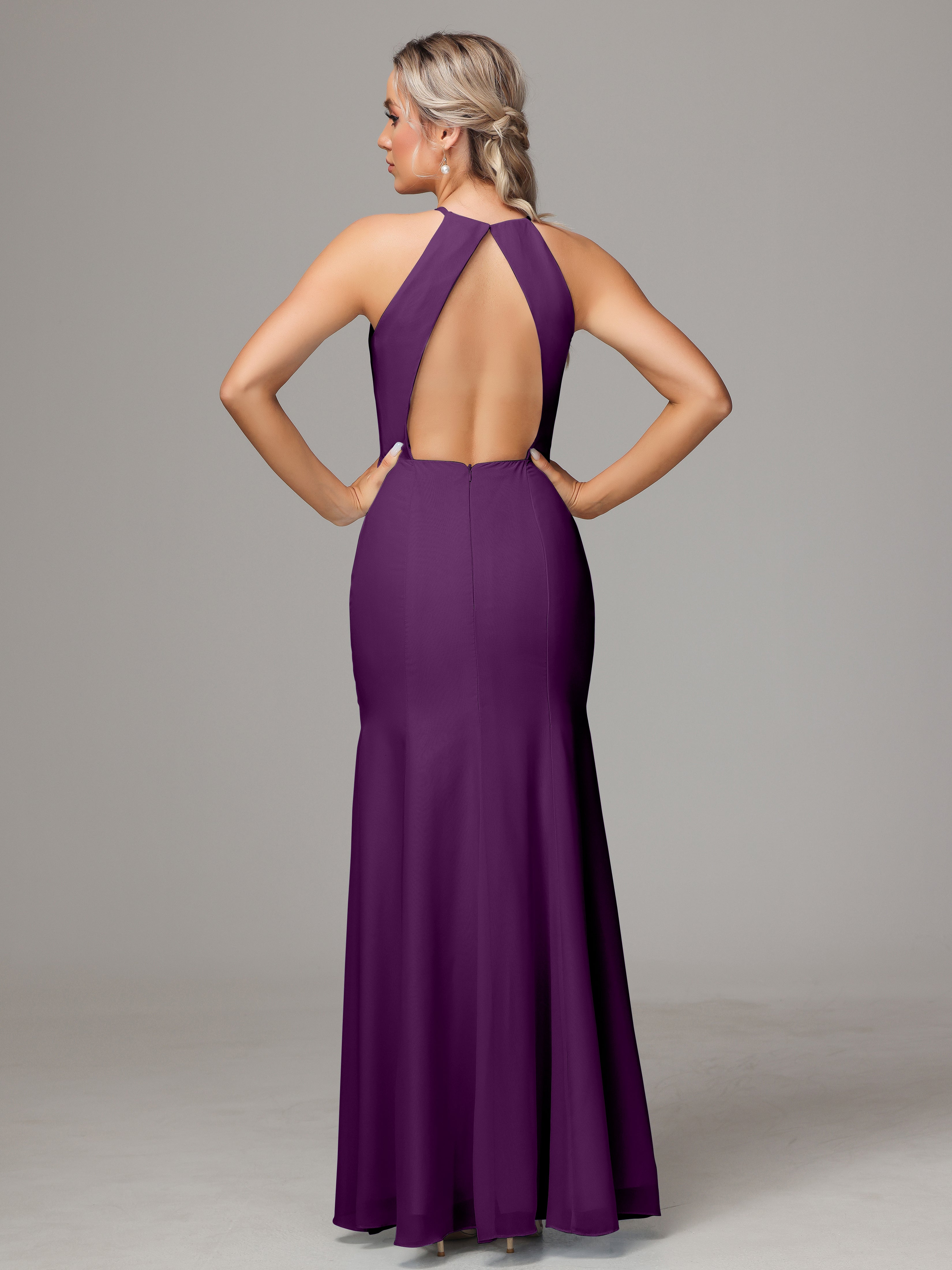 Halter Open Back Chiffon Wedding Guest Dress With Slit