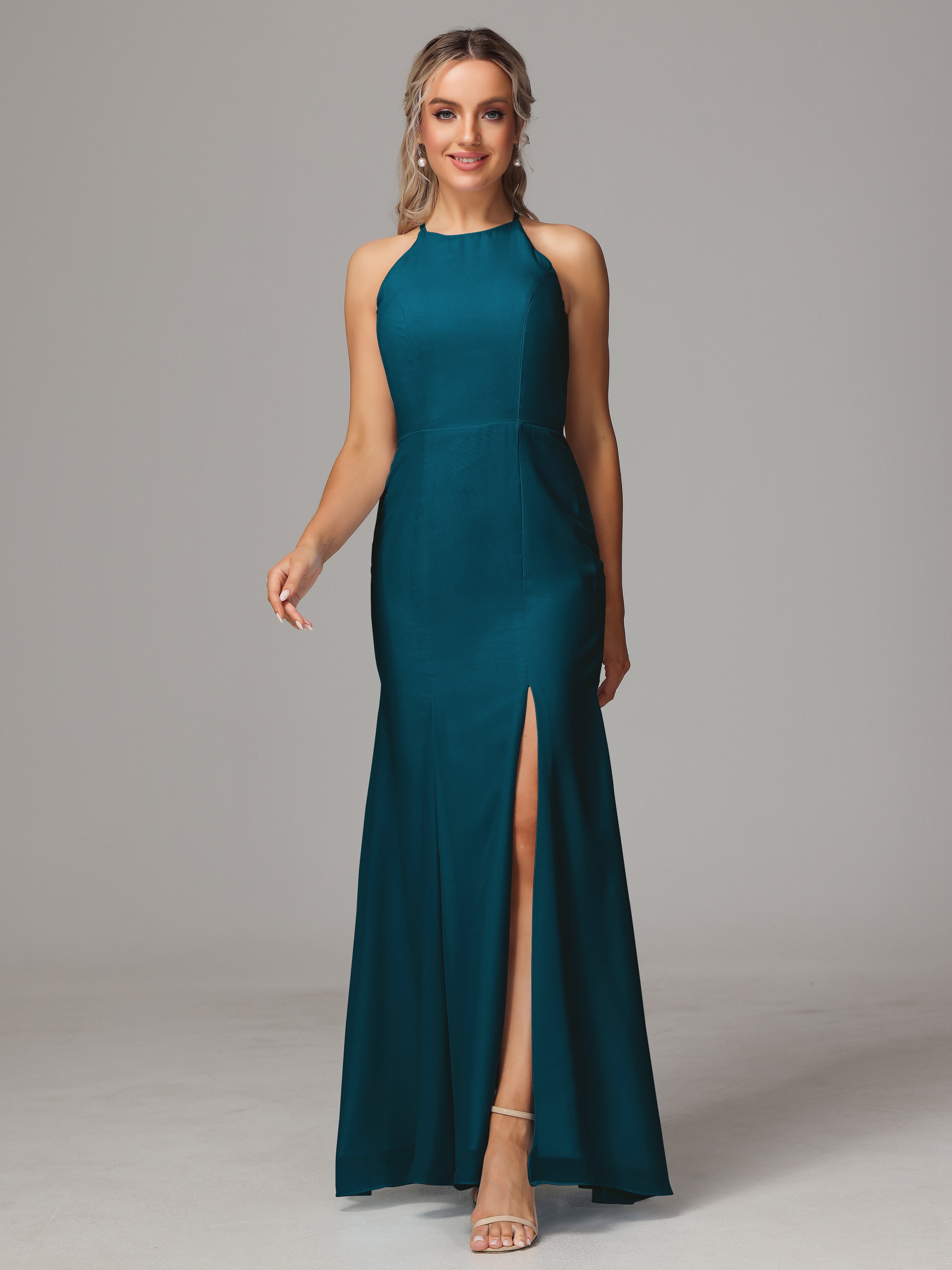 Halter Open Back Chiffon Wedding Guest Dress With Slit