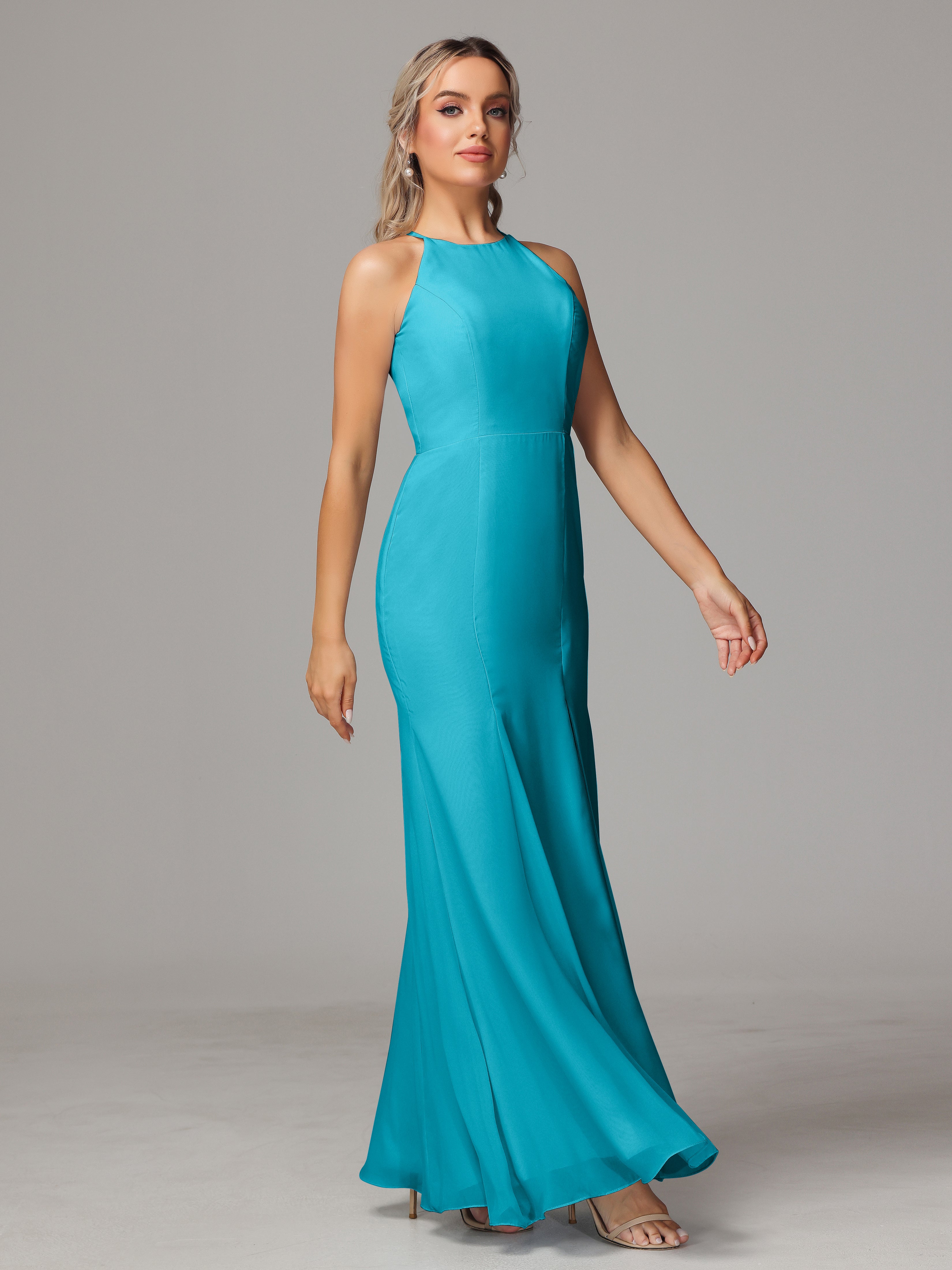 Halter Open Back Chiffon Wedding Guest Dress With Slit
