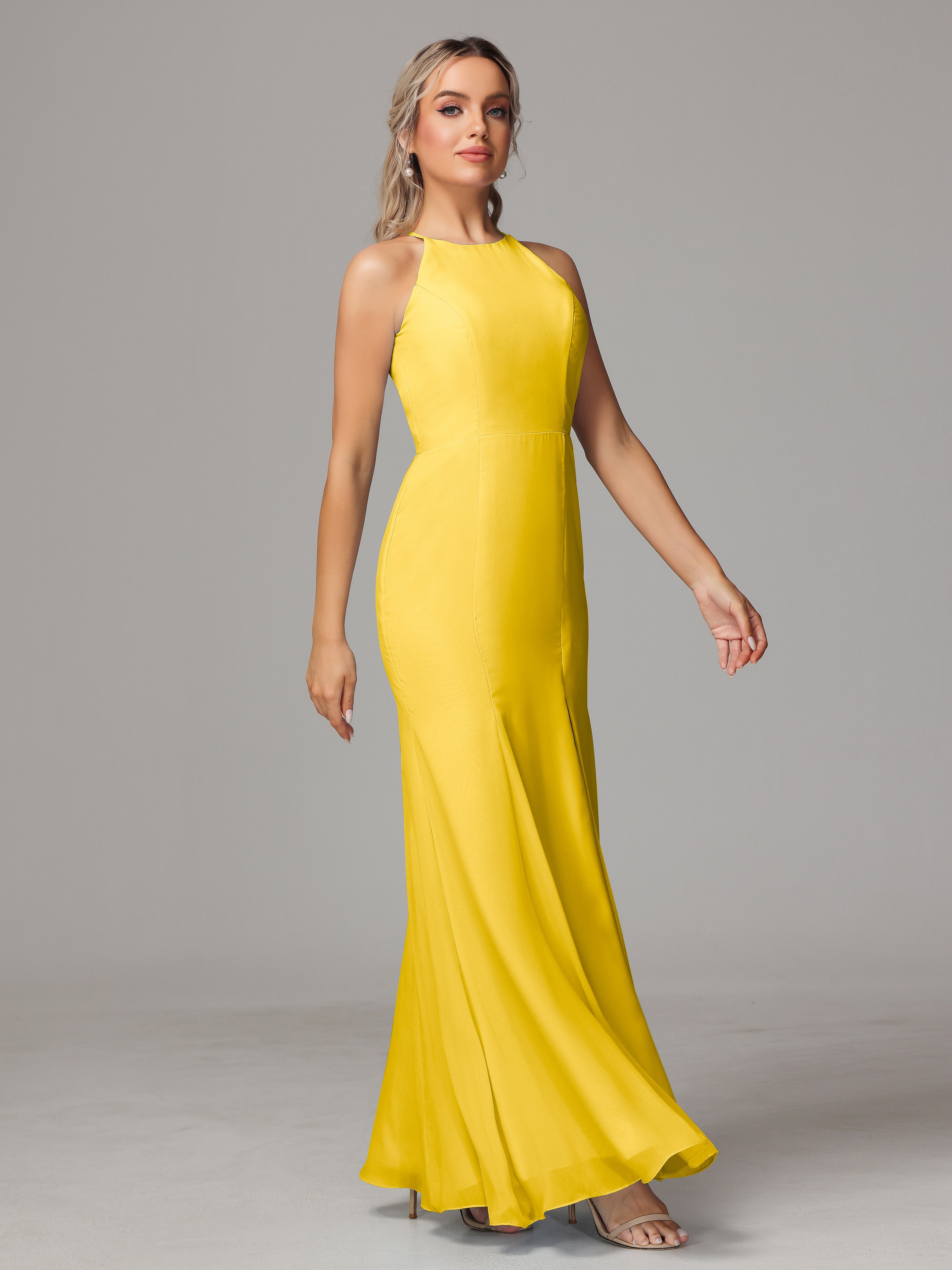 Halter Open Back Chiffon Wedding Guest Dress With Slit
