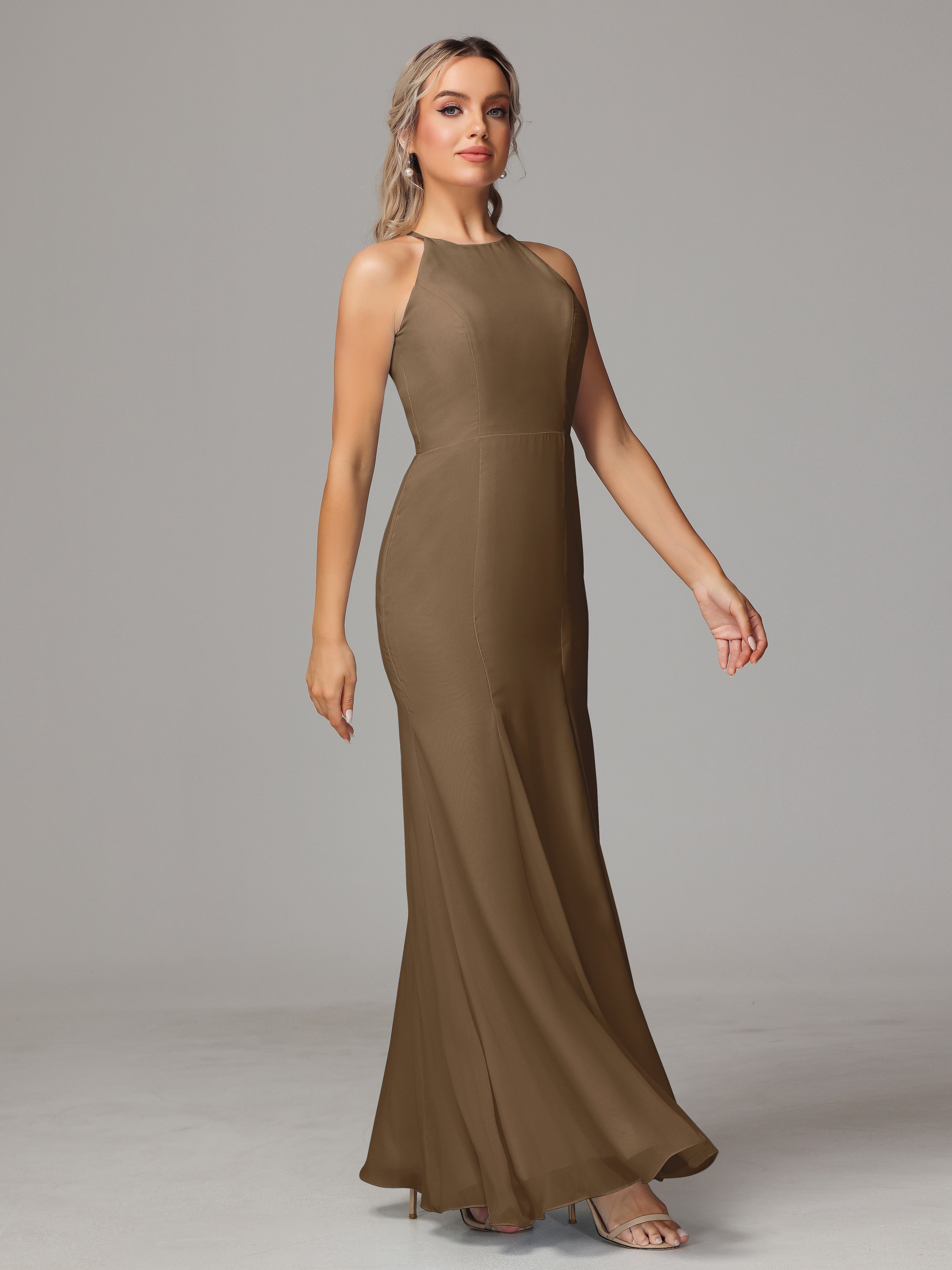 Halter Open Back Chiffon Wedding Guest Dress With Slit